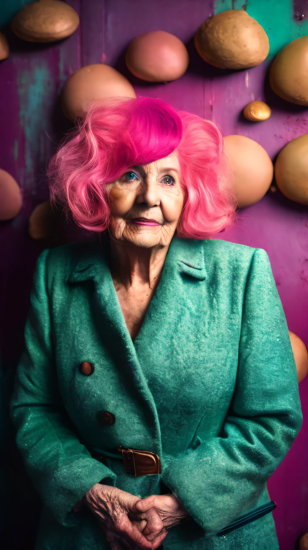 Wide angle, RAW photo, surreal image of an old woman in green coat and pink wig in front of a colorful wall with fungi, inspired by the From series, complex background, portrait of the mermaid queen, beautiful face, covered in fungi (highly detailed skin: 1.2), 8k uhd, dslr, soft lighting, high quality, film grain, photographed with a Canon EOS 5D camera