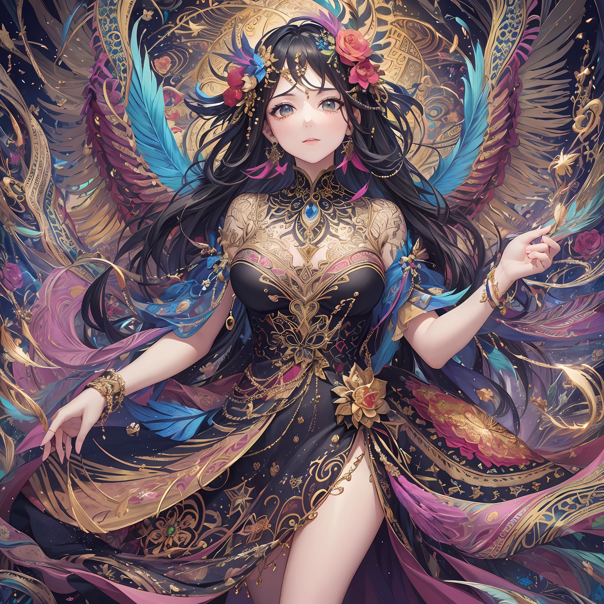 (Masterpiece, Top Quality, Best Quality, Official Art, Beautiful and Aesthetic: 1.2), (1 Girl: 1.3), Very Detailed, Black (Fractal Art: 1.1), (Colorful: 1.1) (Flower: 1.3), Supreme Detail, (Zentangle: 1.2), (Dynamic Pose), (Abstract Background: 1.3), (Glossy Skin), (Many Colors: 1.4), (Earrings), (Feathers: 1.5), ( Water flow: 1.3), jewels, long hair, wrapped in light, vivid background, phoenix dress, vivid eyes