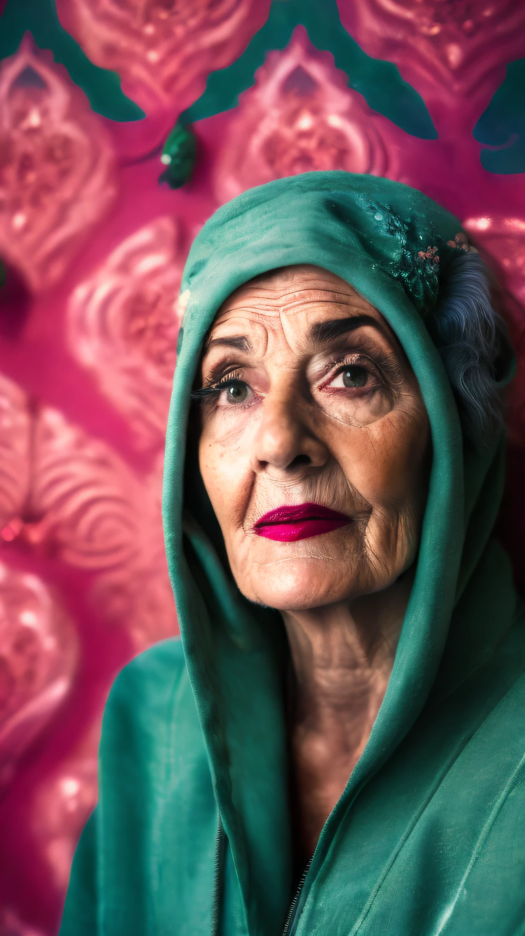 Wide angle, RAW photo, surreal image of an old woman in green coat and pink wig in front of a colorful wall with fungi, inspired by the From series, complex background, portrait of the mermaid queen, beautiful face, covered in fungi (highly detailed skin: 1.2), 8k uhd, dslr, soft lighting, high quality, film grain, photographed with a Canon EOS 5D camera