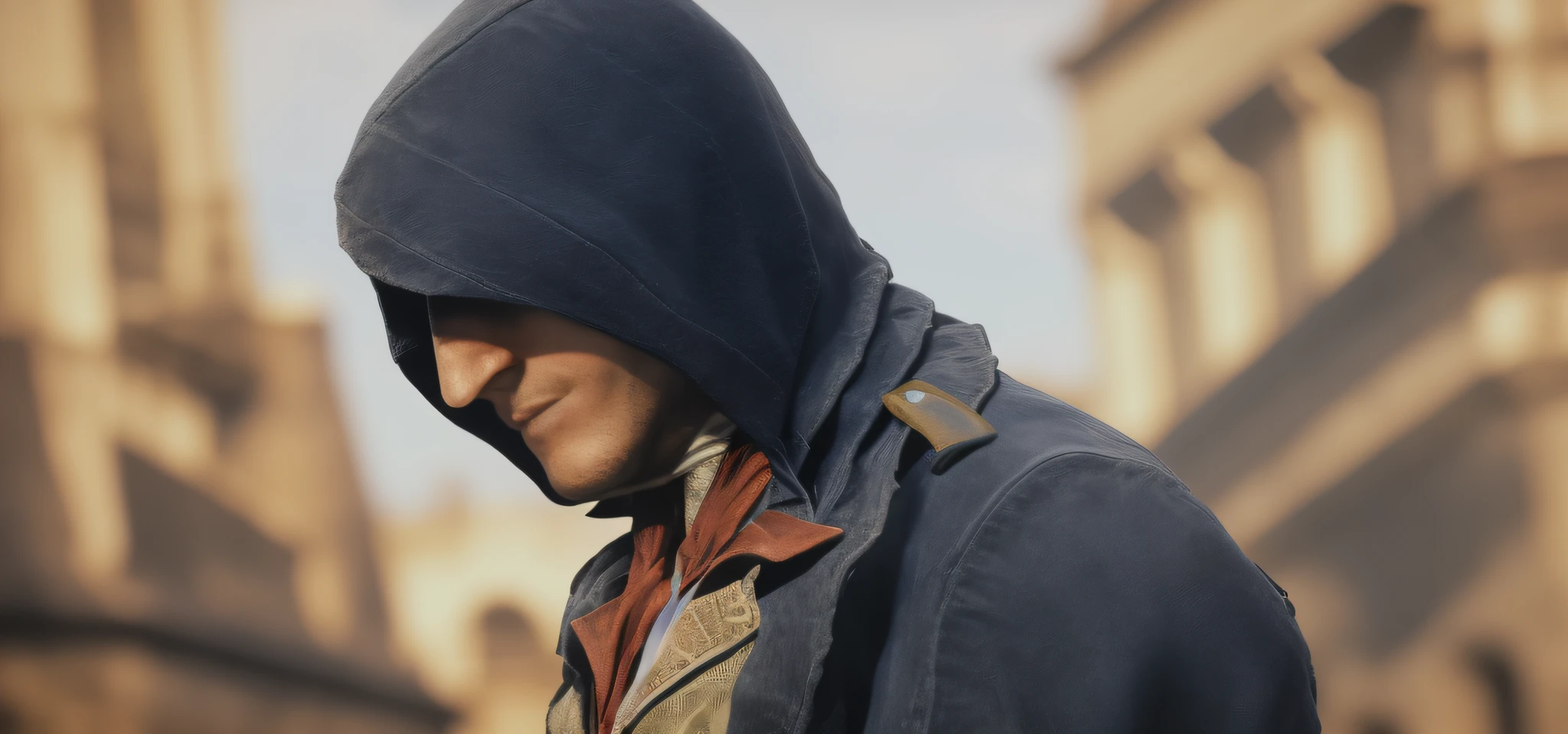 Arnodorian bust, portrait, photography, canon, magnificent historical background, guillotine of the Paris Square church background surrounding, background blur, light and shadow, clarity, high nose, short beard, deep eyes, wearing a dark blue assassin hood, sculpted dark blue assassin robe, red gentleman's tie, Arnold's standing posture