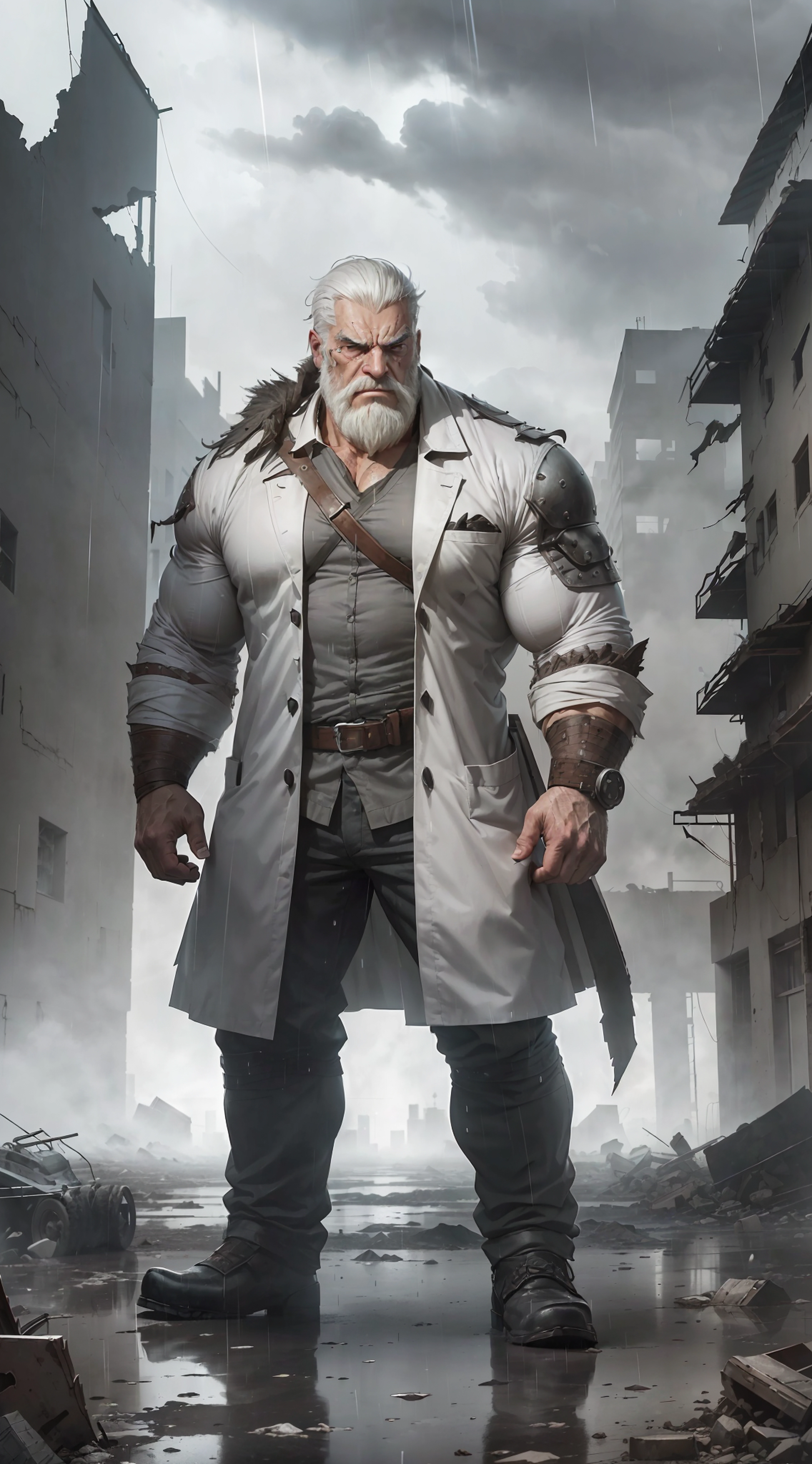 extremely detailed, (detailed face (eye scar, angry face, intimidate, sharp eyes)), detailed eyes, detailed muscle, (view full body), ((1man)), (object (big muscular old man man (sad, sad expression) standing with face up looking sad expression behind the building)), the old man is doctor and wearing dirty doctor uniform, old man (big muscular, big muscle, bodybuilder, facial hair, beaded, white beard, battel scar face, short hair, white hair), (background ((heavy rain, fog, overcast sky, gray clouds, waster land, post-apocalypse, ruined city))), (photography (50mm lens, cinematic, cinematic color))