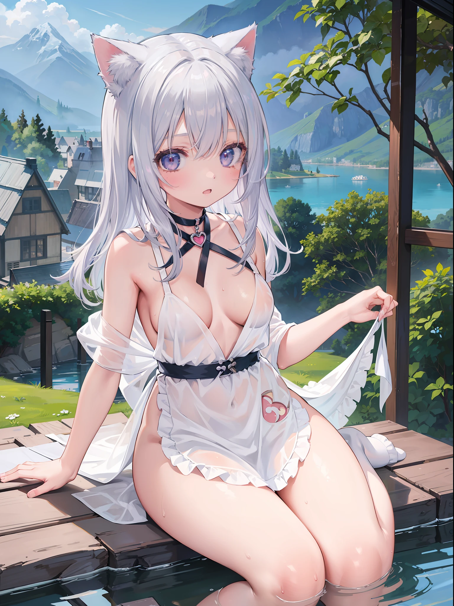 (Masterpiece), (Best Quality Anime Illustration), (Super Definition), One Girl, Solo, Beautiful Girl with Silver Hair, Anime Loli, Cat Ear Loli, Naked Apron, Heart-shaped hole on chest, Cleavage, Wet and see-through, Cottage with mountain and lake view