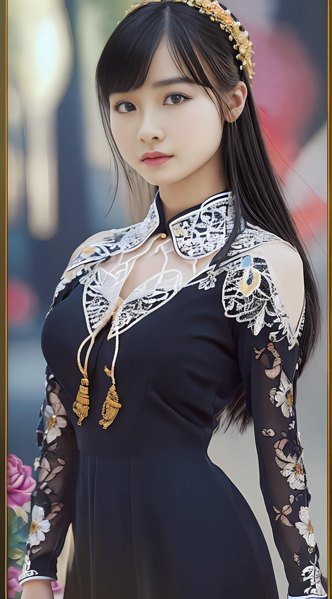 ((Top Quality, 8K, Masterpiece: 1.3)), Sharp Focus: 1.2, Perfect Body Type: 1.4, Slender Abs: 1.2, ((Black Hair,: 1.4)), Floral Dress, Downtown: 1.2, Highly Detailed Face and Skin Texture, Detailed Eyes, Double Eyelids, Chinese Girl