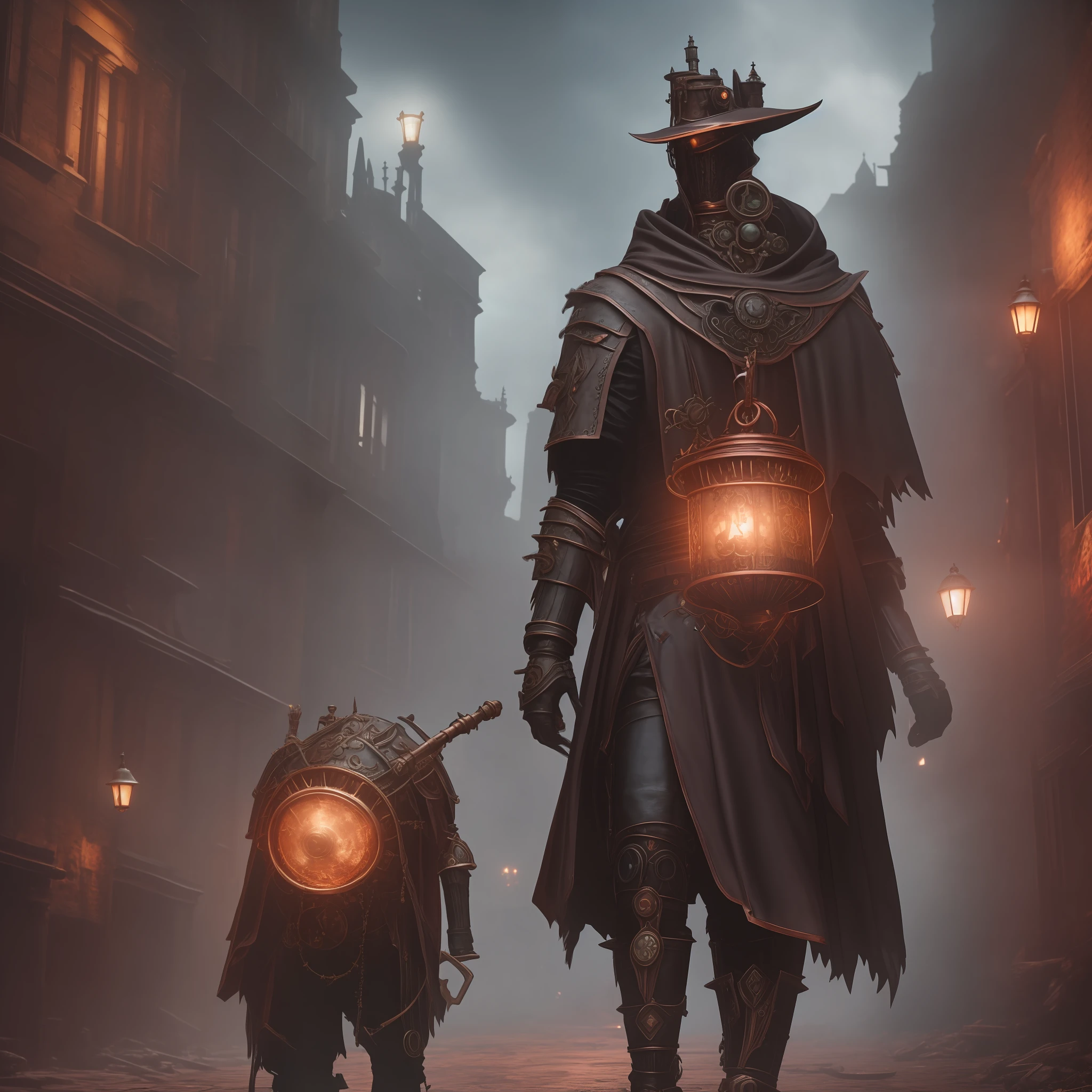 Bloodborne cloak hunter against a mechanical golem made of old canisters and copper, in the middle of a steampunk town --auto --s2