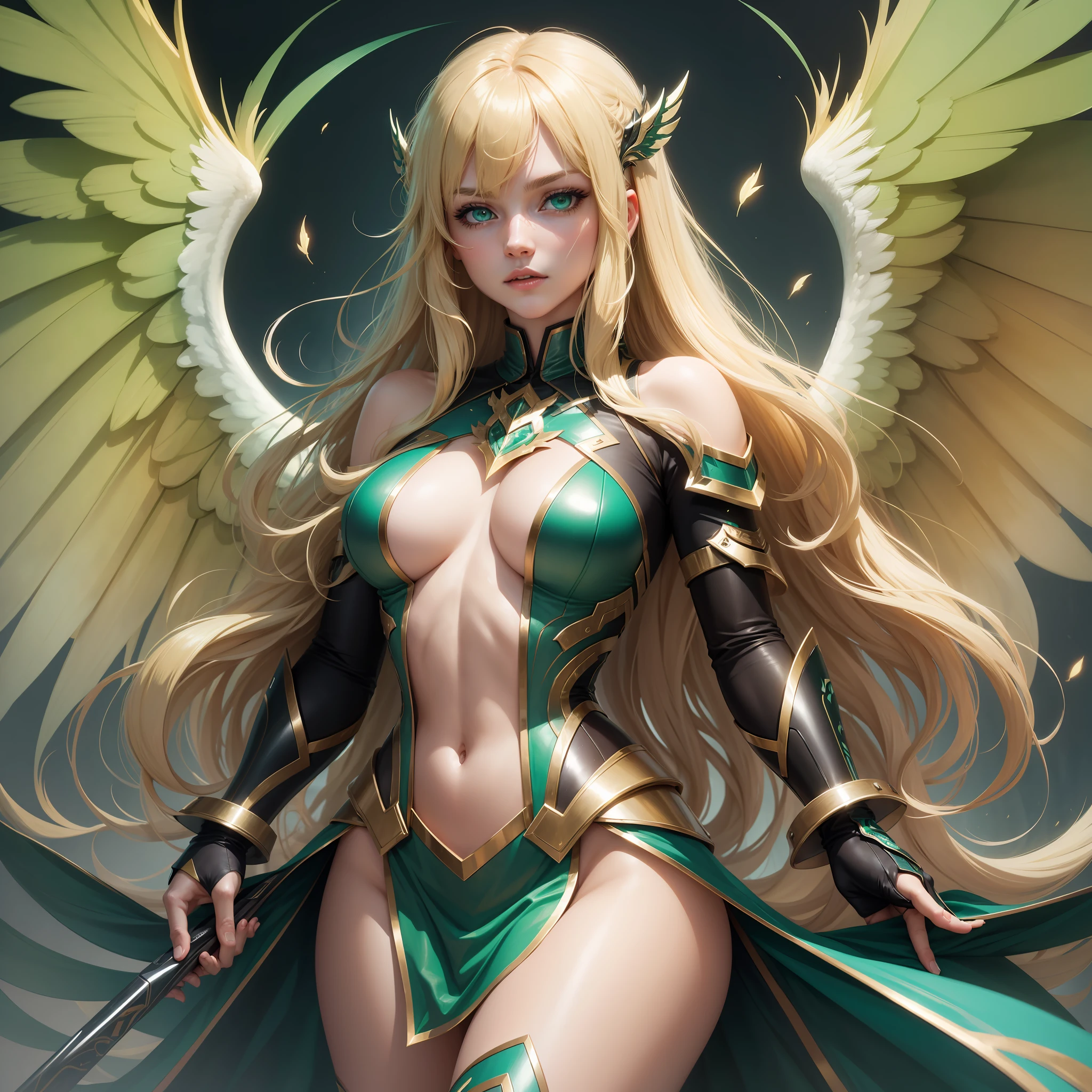 Woman, long blonde hair, water green eyes,solo,32k,Super-Resolution,Full-HD,1080p,Fullscreen,Wallpaper,Generated by Midjourney,1080p, alone, bangs in hair, metallic wings stuck on back, dynamic pose