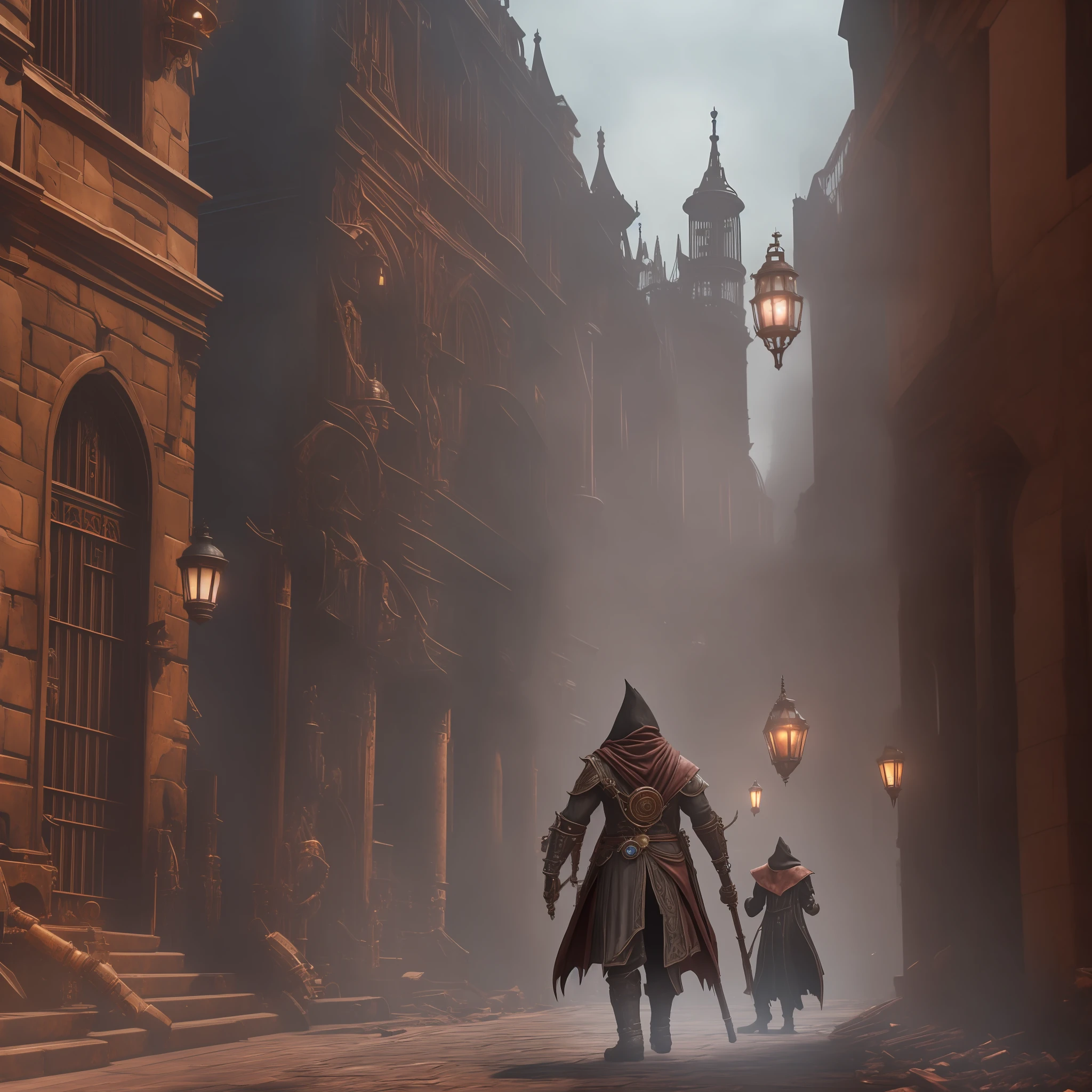 Bloodborne cloak hunter against a mechanical golem made of old canisters and copper, in the middle of a steampunk town --auto --s2