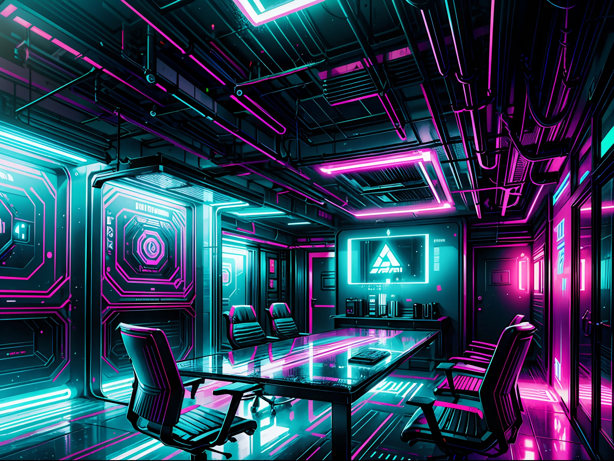 Interior design for a cypherpunk vibe office: holographic screens and floating chairs. The space is futuristic and messy with technical gear and tools strewn about. Colorful neon lights add to the cyberpunk vibe.