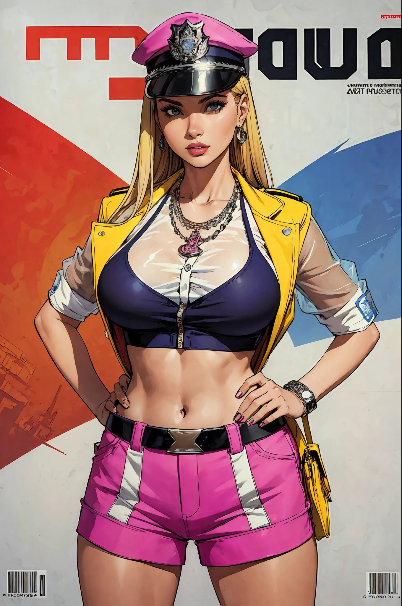 ((((best quality))), (((ultra detailed))), (((masterpiece))), illustration,(Magazine cover-style illustration of a fashionable woman in a vibrant outfit), posing in front of a colorful and dynamic background. She has a confident expression and is holding a statement accessory, The text on the cover should be bold and attention-grabbing, with the title of the magazine and a catchy headline. The overall style should be modern and trendy, with a focus on fashion and lifestyle),
wall paper,crowds,fashion,Lipstick,ray tracing,depth of field, street,in public,day
1girl,solo,looking at viewer, glossy skin, contrapposto, navel, midriff, necklace, female focus,model,medium breasts, ,street,in public,police hat, police uniform, handcuffs,short shorts, arms crossed,
cool, see-through, school uniform,jitome,
,underboob,floating hair, sexy ,fine fabric emphasis, dynamic pose, negative space:0.35, realistic:1.33,