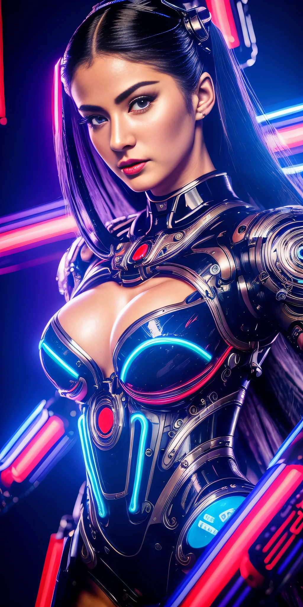 ((hyperrealistic, photorealistic, 8k, intricate details)) , (((masterpieces)))), best quality, ultra-detailed, a hot geisha, full breasts, fleshy lips, silky skin, cyborg, (mechanical limbs), hybrid machine woman, android girl, cyborg queen, robotic goddess, divine circuits, ex-machina goddess, transhuman maiden, cybernetic goddess, cybernetic eroticism, with flowing hair, dynamic angle, dynamic pose, (1 girl), blue eyes, black hair, kimono cybernetic, neck body mechanisms, gorgeous beautiful face, neon lighting, multicolored neon cloud, neon twilight, wide plane, neon watercolor (accentuated depth of field).