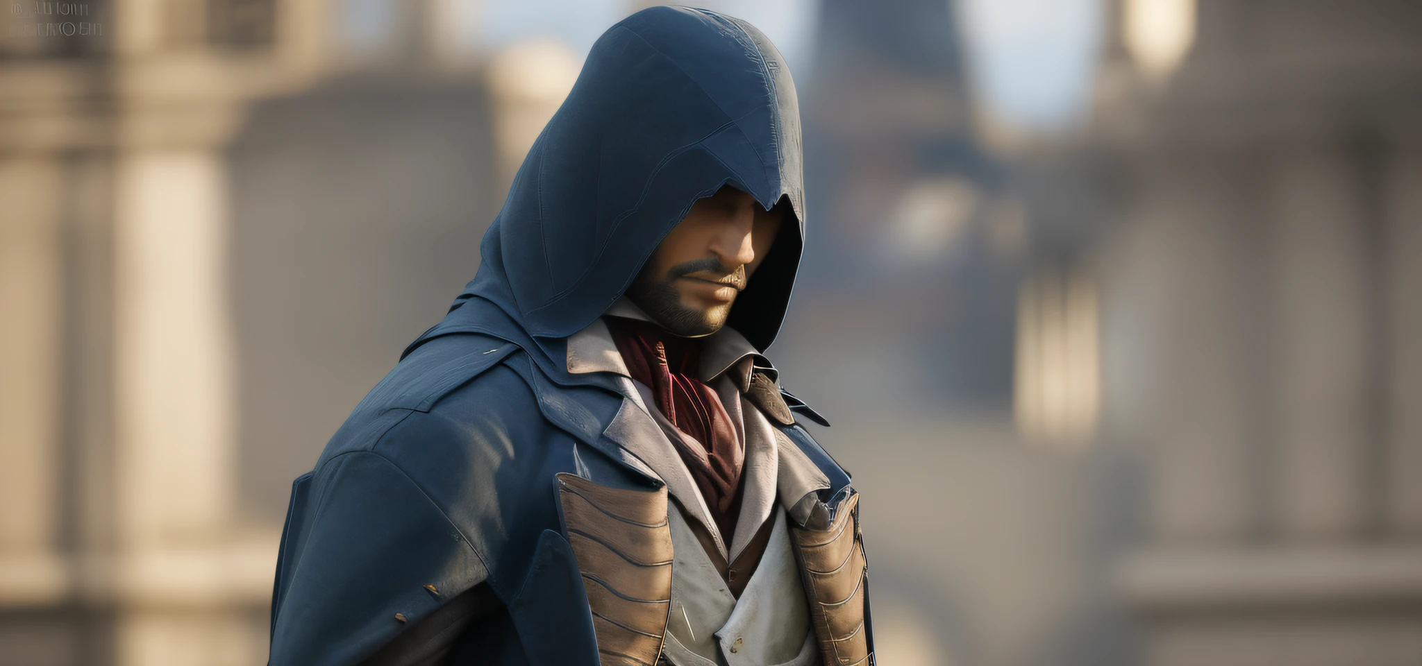 Arnodolian bust, portrait, photography, canon, magnificent historical background, guillotine of the Paris Square church background surrounding, background blur, light and shadow, clarity, high nose, short beard, deep eyes, wearing dark blue assassin hood, sculpted dark blue assassin robe, red gentleman's tie, Arnold's standing posture, high detail, texture