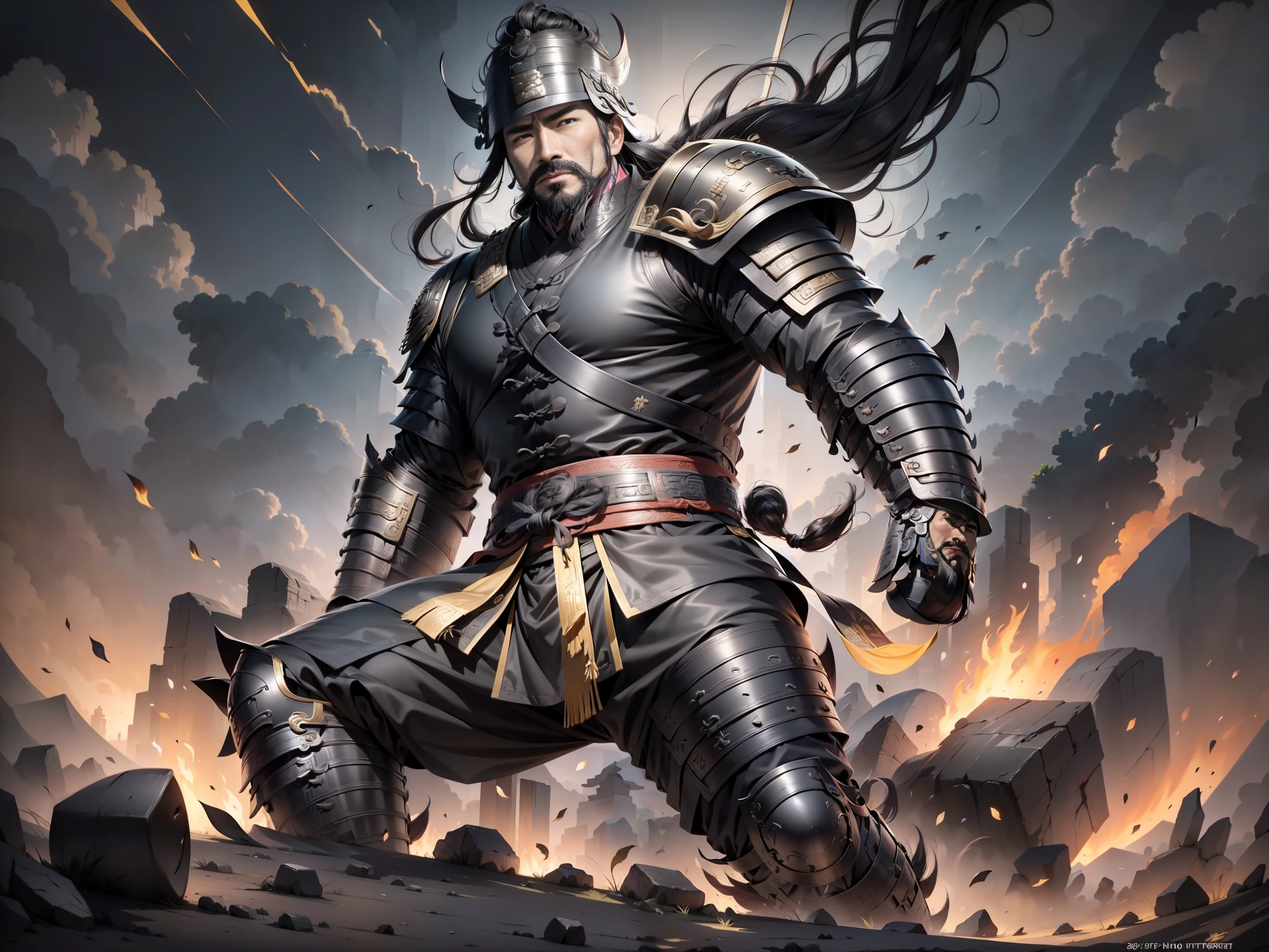 Ultra HD, ultimate masterpiece, high detail depiction, best picture quality, 8k, 2D anime style, Chinese Han Dynasty, a man, ancient Chinese general Dian Wei, mature man, 30 years old, super detailed face, round face, black eyes, beard, resolute eyes