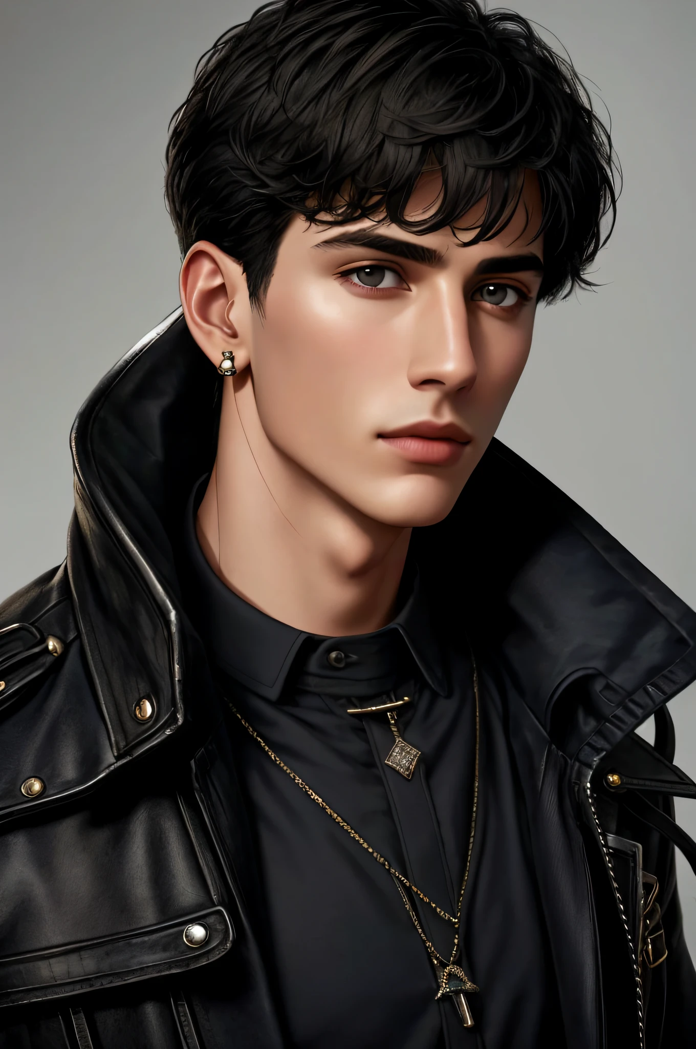 Masterpiece, absurdres, fine detail, HDR,
solo, looking at viewer, short hair, bangs, simple background, black hair, 1boy, white background, hair between eyes, jewelry, closed mouth, jacket, male focus, earrings, grey background, black eyes, coat, black jacket, black shirt, portrait, black coat, realistic, FH