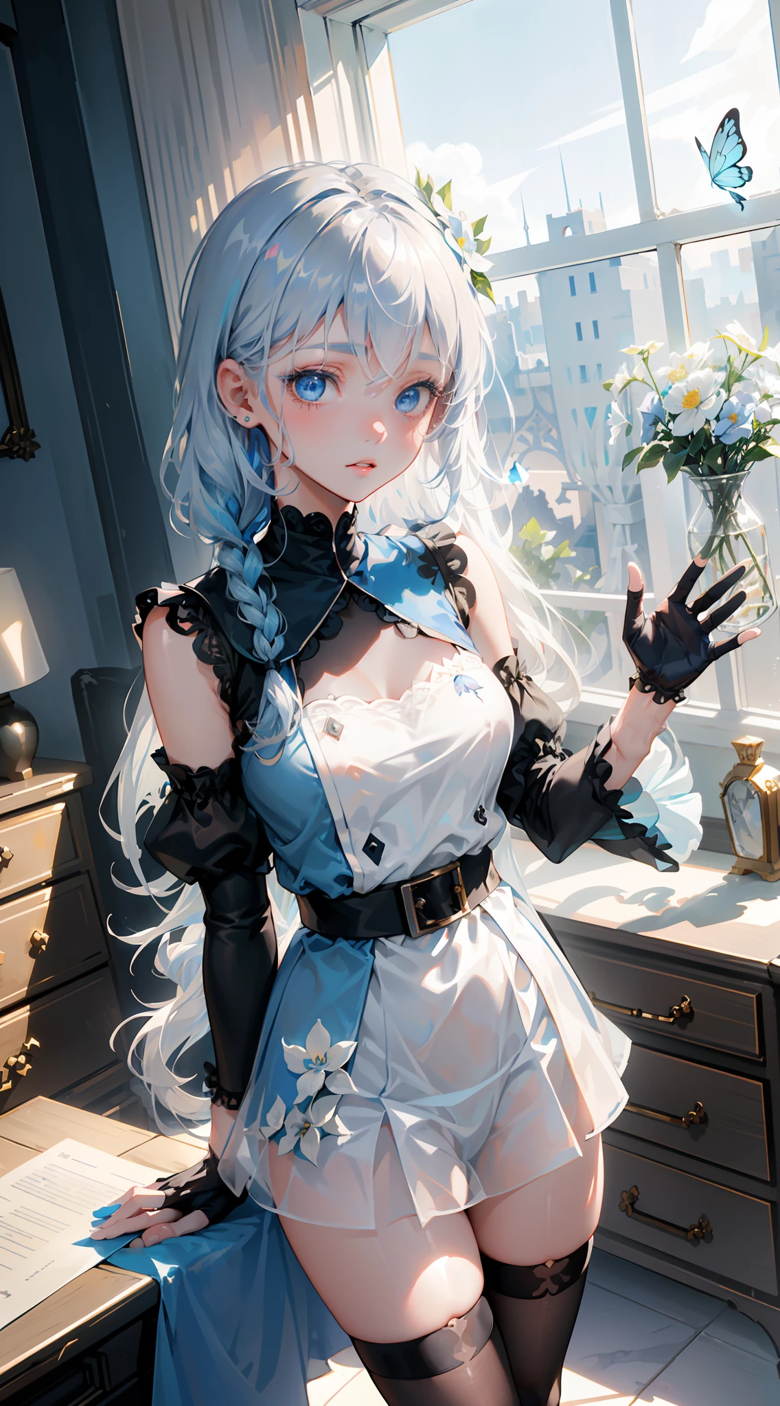 (Top view), Dynamic angle, Super detailed, illustration, close-up, direct vision, 1girl, (fantasy: 1.4), (blue eyes: 1.233), her eyes shine like dreamy stars, (glowing eyes: 1.233), (beautiful and detailed eyes: 1.1), (silver hair: 1.14), (messy hair, very long hair, French braids, hair between the eyes, side hair), (+(blue hair flower: 1.14)), (chiffon dress, uniform blue flower pattern)/= (Military Uniform: 1.24), (Split Sleeves, Wide Sleeves), (Fingerless Glove), Choker, (Miko Thighhighs), High Heeled Boots, (Expressionless, Shut Up), (Standing), (Classical Princess Boudoir with Dressing Table White Old Palace Floor-to-Ceiling Windows), (White Flower, Bloom), (Deep Sea), (Flowing Water), (Dark Blue World Tree: 1.14), (Ruins), (Night: 1.2), Dream, Soul, (Fluorescent), (Flying Translucent Blue Butterfly: 1.15), [[Delicate fingers and hands: 0.55]::0.85], (finger details), (yubao:0.5),