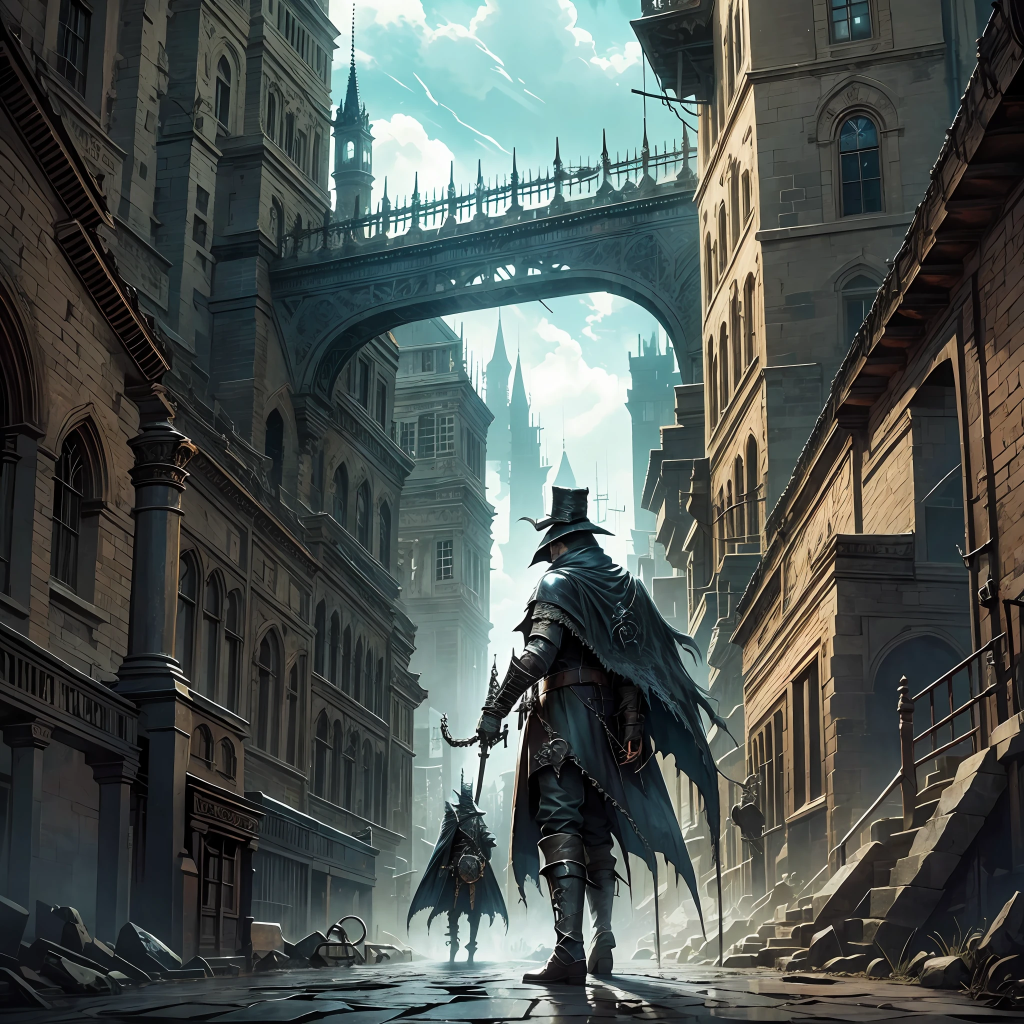 "Bloodborne cape hunter against a steel golem in the middle of a steampunk town" --auto --s2