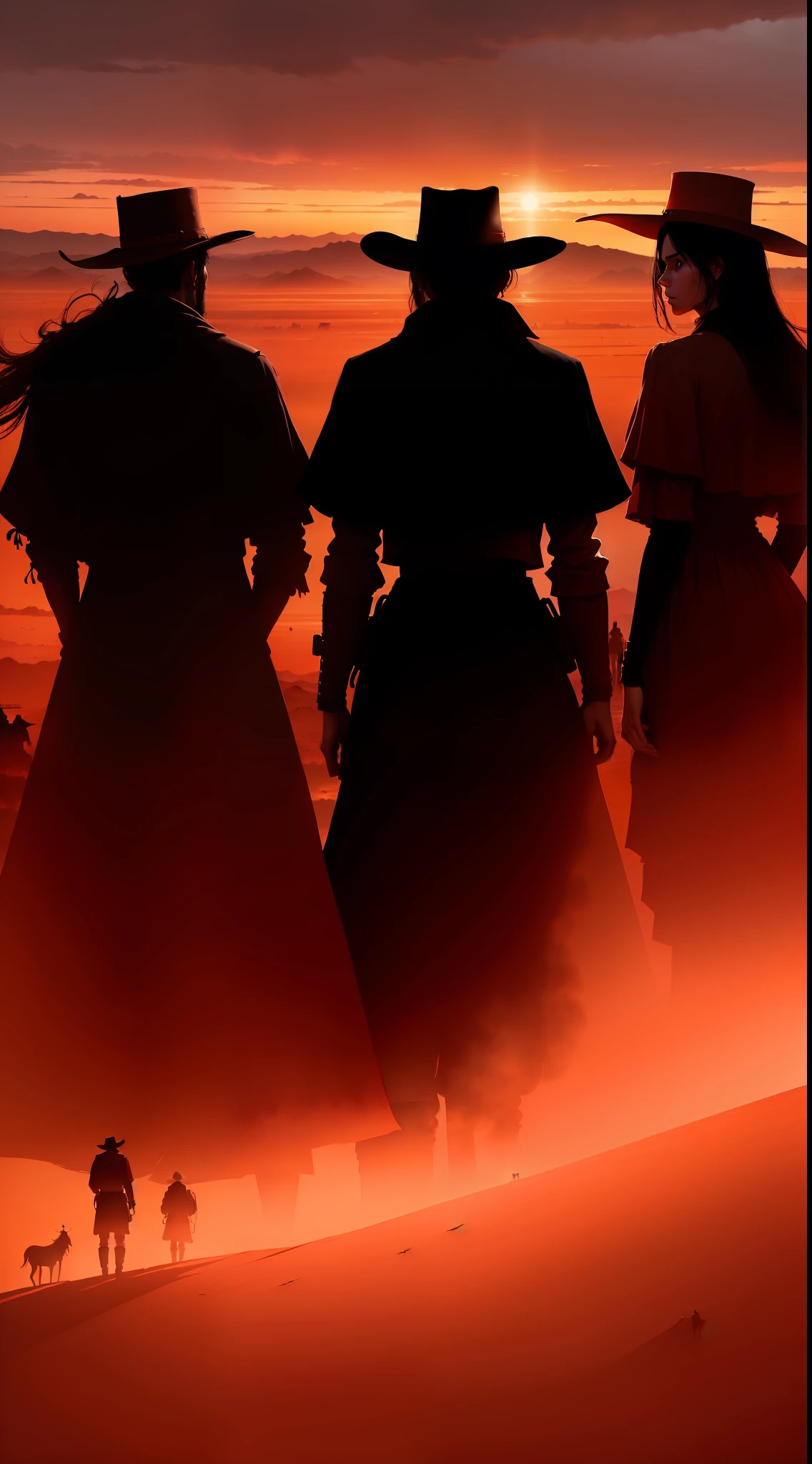 Wild West, five people with their backs to the horizon, Red Dead Remdeption, reddish sky, black silhouettes, perspective from the ground up