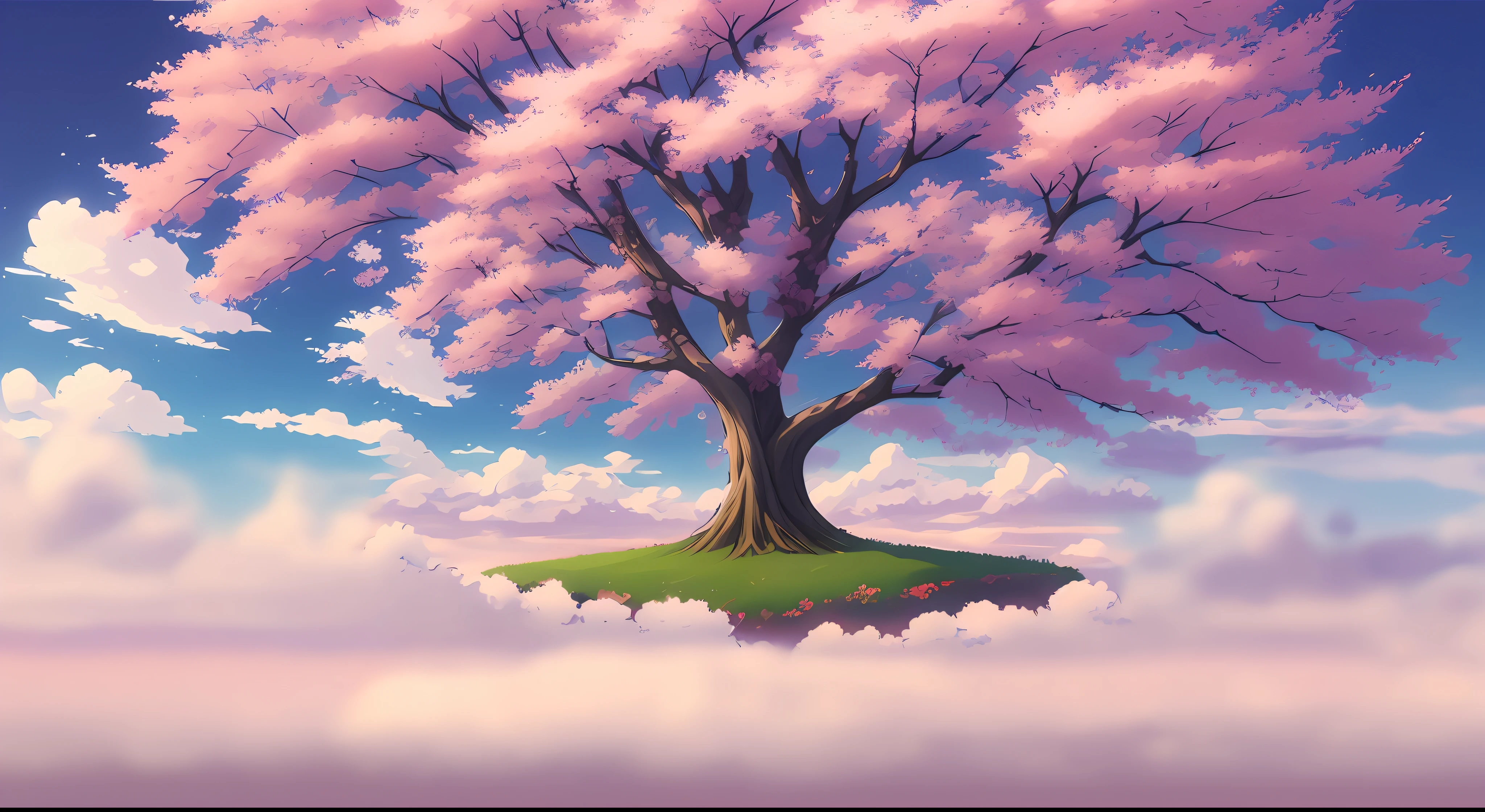 there is a tree that is in the middle of a field, anime background art, anime beautiful peace scene, anime background, anime landscape, anime landscape wallpaper, beautiful anime scenery, anime nature, cherry blossom tree, fantasy tree, fluffy pink anime clouds, made of tree and fantasy valley, anime countryside landscape, cherry blossom forest, cherry-blossom-tree, magical tree