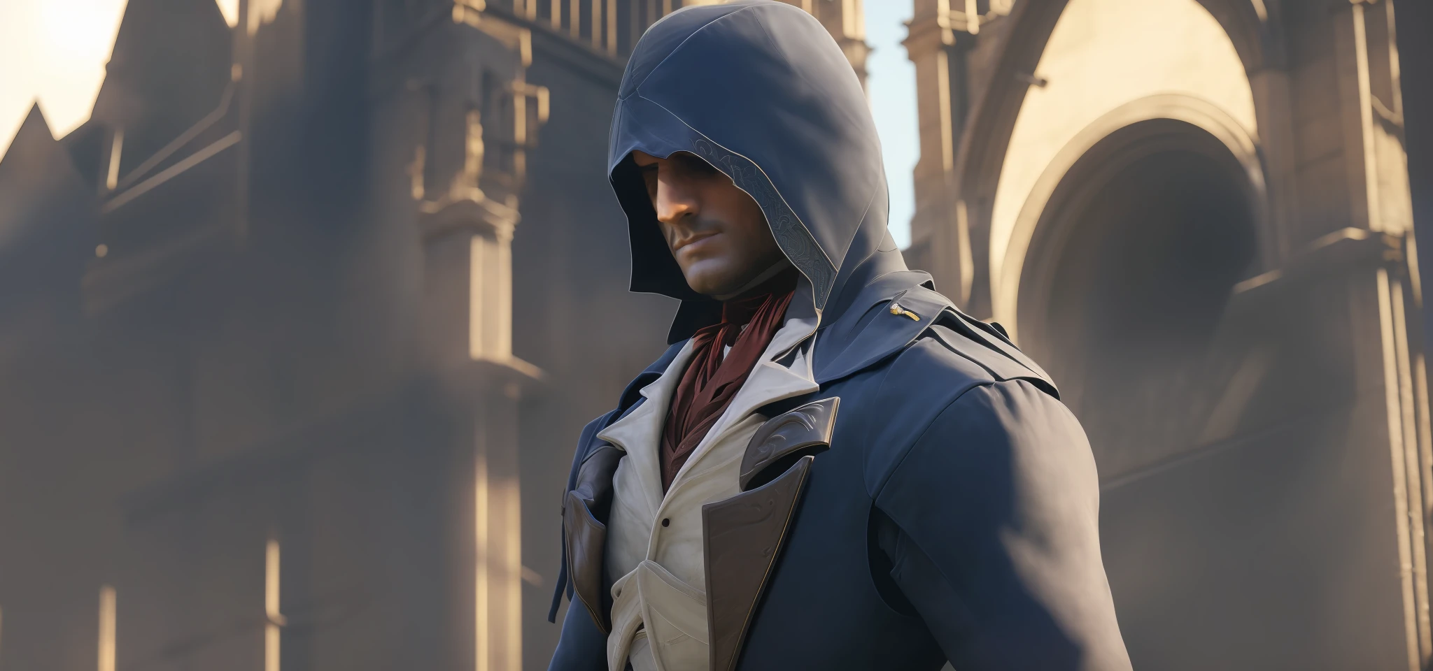 Arnodorian bust, portrait, photography, canon, magnificent historical background, guillotine of the Paris Square church background surrounding, background blur, light and shadow, clarity, high nose, short beard, deep eyes, wearing a dark blue assassin hood, sculpted dark blue assassin robe, red gentleman's tie, Arnold's standing posture