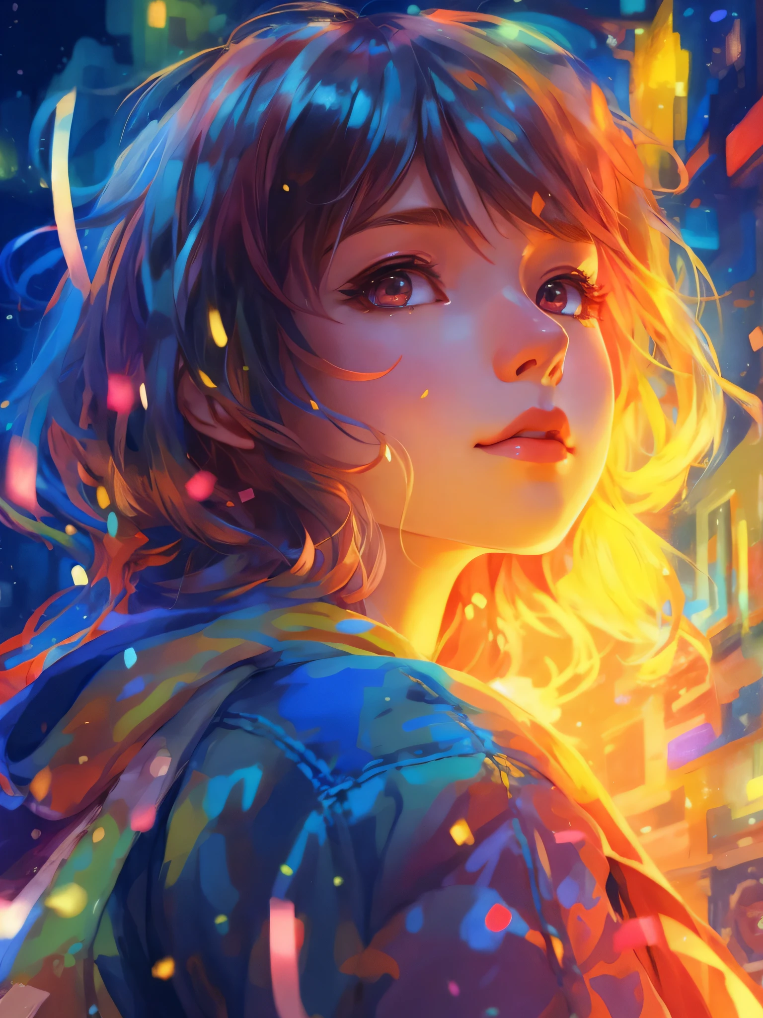 a girl with a bright hair and a blue jacket looks at the camera, inspired by Yuumei, digital anime art, colorful digital painting, rossdraws cartoon vibrant, anime style 4 k, alice x. zhang, by Yuumei, digital anime illustration, beautiful anime portrait, vibrant digital painting, detailed digital anime art, anime digital art