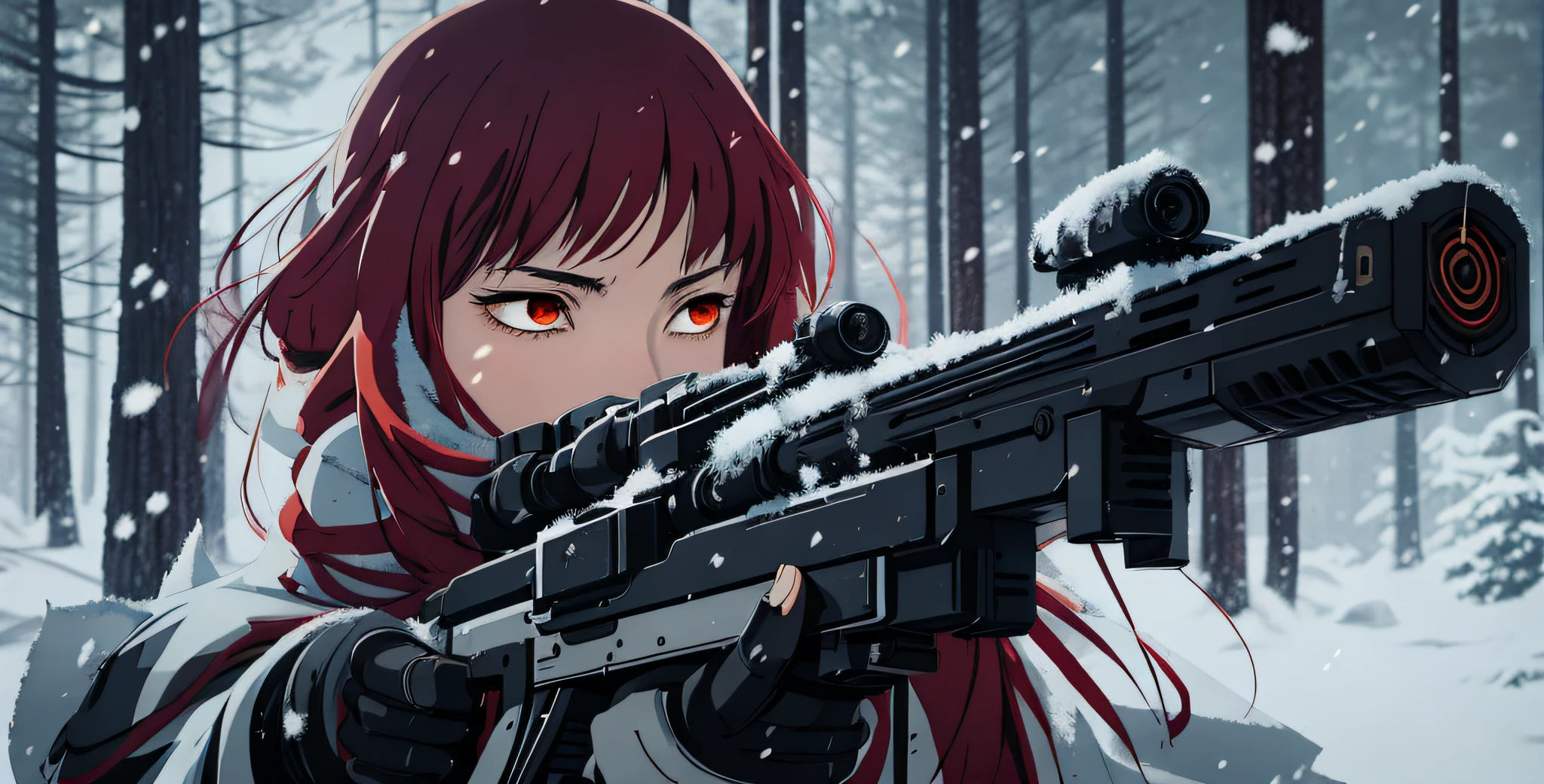 Anime character with gun and wearing cape, in Snowy Forest with falling snow, Alena Aenami and Artgerm, Art in the style of Guweiz, Artgerm Craig Mullins, Badass Anime 8 K, FanArt Best Artstation, Wlop and Krenz Cushart, Artgerm and Atey Ghailan, Artgerm in Artstation Pixiv