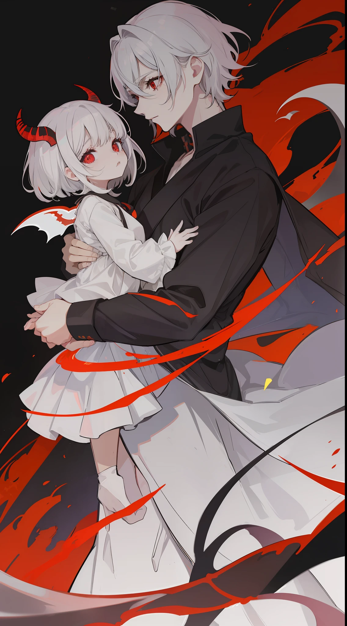 1man, sharp red eyes with cat pupils, white short hair and he was wearing the demon lord robes and holding his daughter ((41 year old face))