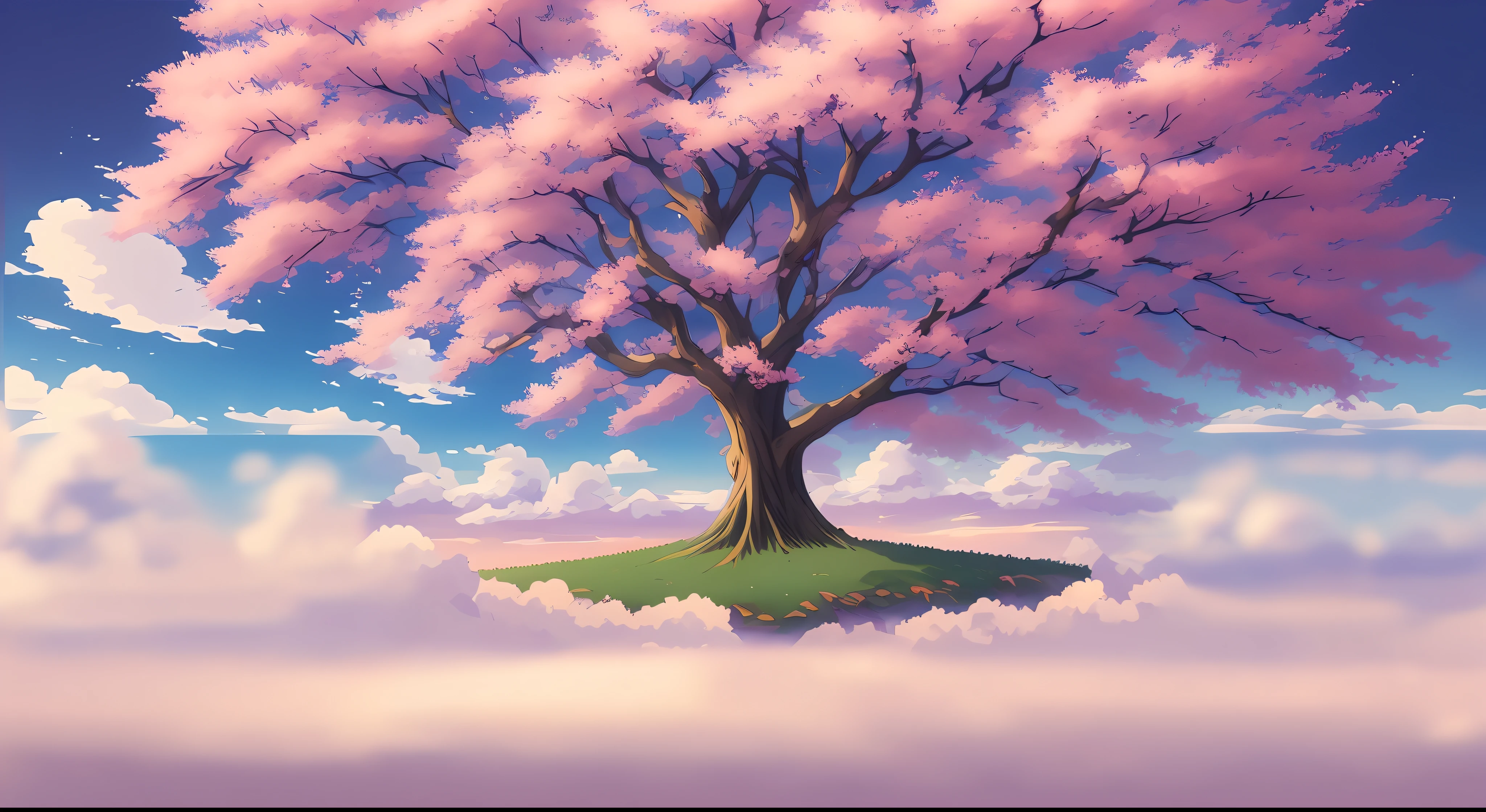 there is a tree that is in the middle of a field, anime background art, anime beautiful peace scene, anime background, anime landscape, anime landscape wallpaper, beautiful anime scenery, anime nature, cherry blossom tree, fantasy tree, fluffy pink anime clouds, made of tree and fantasy valley, anime countryside landscape, cherry blossom forest, cherry-blossom-tree, magical tree
