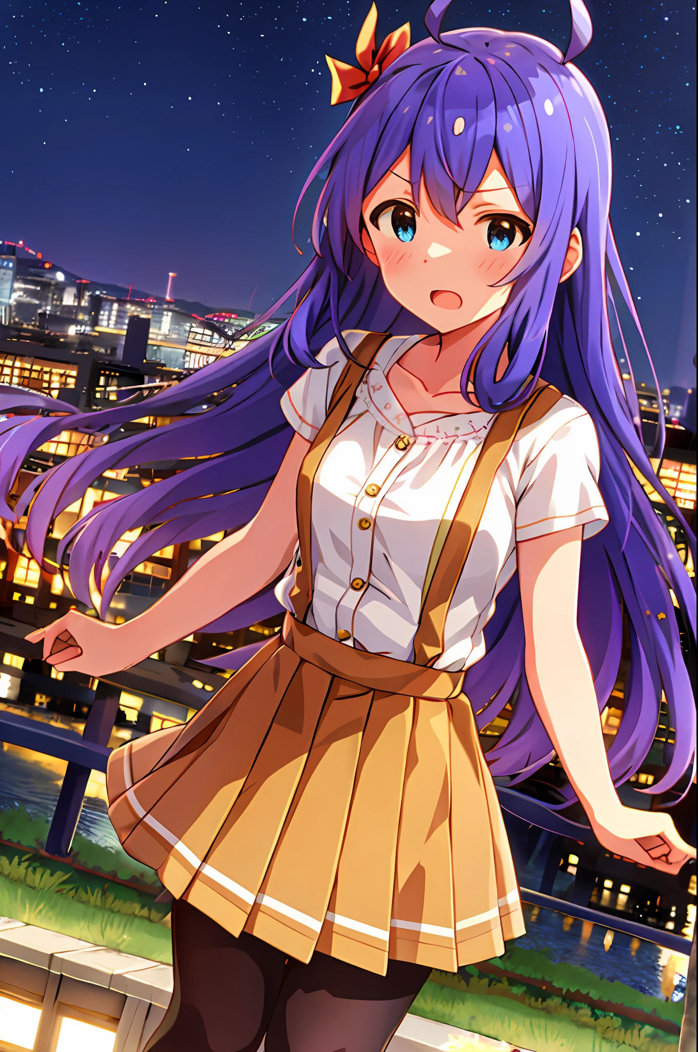 Anna Mochizuki (Million Live), (Top Quality, 8K, Masterpiece, Super Detail: 1.2), 1 Girl, Suspender Clothes.Skirt.Blushing, Clavicle, Bow, Ribbon, Blue Bow.Night.Night View.Outdoors.Fighting Stance.Despair Face.Open Mouth.