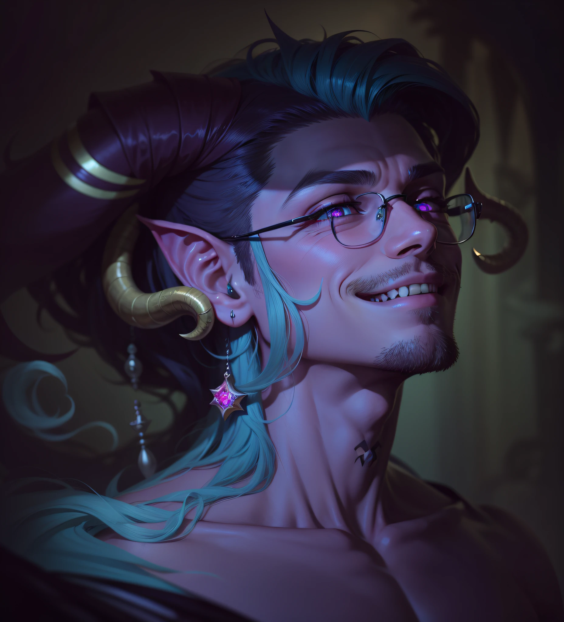 No beard, neck tatoosn smirk, smiling, fangs, iriless eyes, cyan eyes, horns --auto --s2