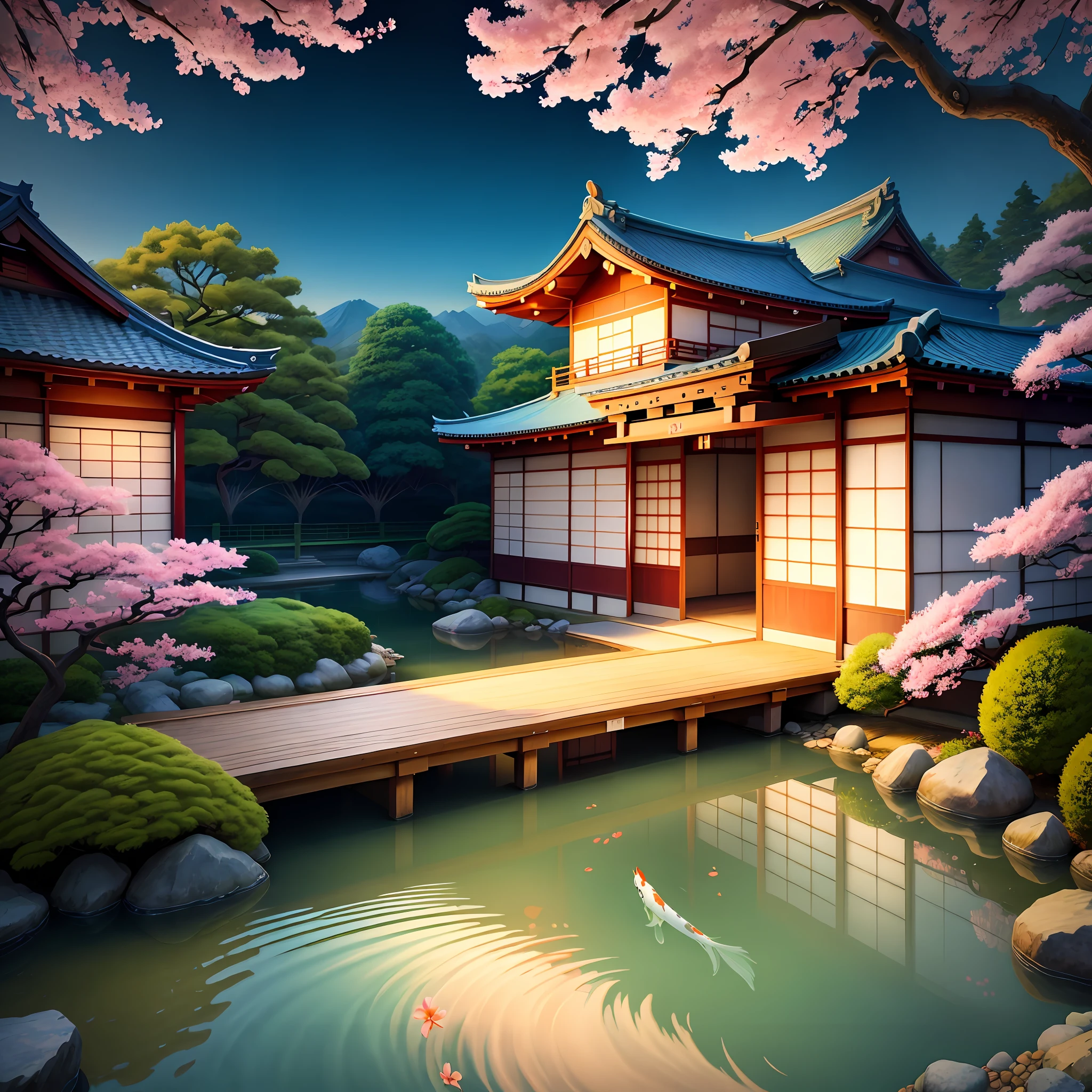 (digital painting),(best quality), serene Japanese garden, cherry blossoms in full bloom, koi pond, footbridge, pagoda, Ukiyo-e art style, Hokusai inspiration, Deviant Art popular, 8k ultra-realistic, pastel color scheme, soft lighting, golden hour, tranquil atmosphere, landscape orientation