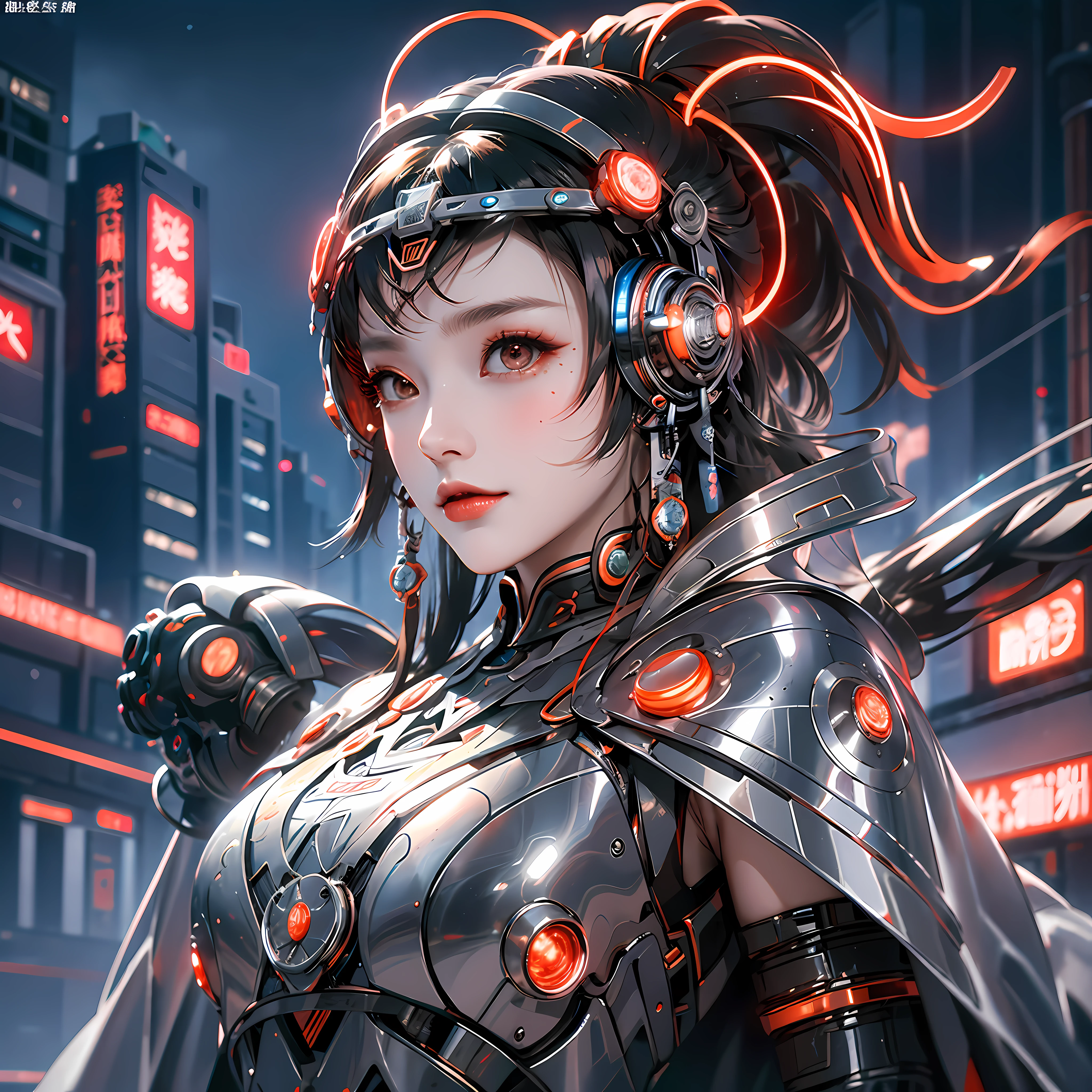 1 girl, Chinese_clothes, metallic black titanium and crimson, cyberhan, cheongsam, cyberpunk city, dynamic pose, detailed luminescent headphones, luminous hair accessories, long hair, luminous earrings, glowing necklace, cyberpunk, high-tech city, full of mechanical and futuristic elements, futurism, technology, glowing neon, red, red light, sexy skirt, transparent black cape, laser light, digital background city sky, big moon, with vehicles, best quality, masterpiece, 8K, Character edge light, super high detail, high quality, the most beautiful woman in human beings, smile, face facing front and left and right symmetry, ear decoration, long antenna glow, beautiful pupils, light effects, visualization data, silver-red-orange hair dye, ultra-detailed facial texture, happy, weapon system, crowded street passers-by, mecha style, goggles, head-mounted luminous antenna
