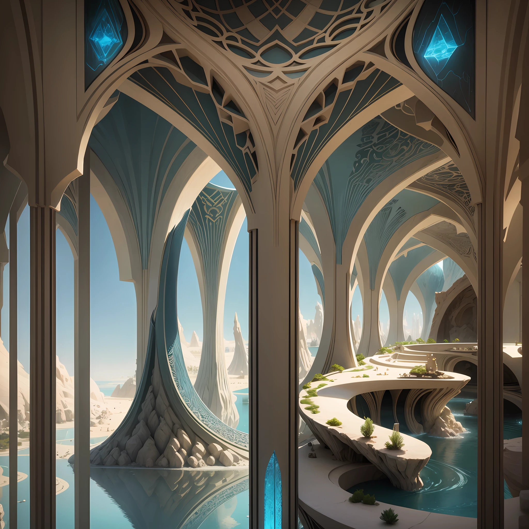 Futuristic Islamic architecture design of cave architecture concept art on desert oasis, islamic architecture, proportional,detailed, cave architecture nature meets futuristic architecture by Toyo Ito ,residential area, futuristic development, high rise balconies, full of rock and glass facades, residential spaces carved from cliff side ,trending on artstation, beautiful lighting,In the style of Arabic calligraphy masterpiece, fantasy, intricate, award winning, 4k, highest quality render --auto --s2