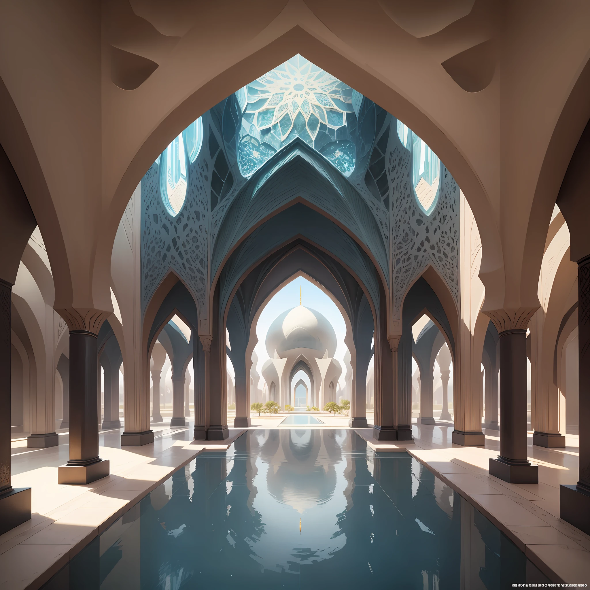 Futuristic Islamic architecture design of cave architecture concept art on desert oasis, islamic architecture, proportional,detailed, cave architecture nature meets futuristic architecture by Toyo Ito ,residential area, futuristic development, high rise balconies, full of rock and glass facades, residential spaces carved from cliff side ,trending on artstation, beautiful lighting,In the style of Arabic calligraphy masterpiece, fantasy, intricate, award winning, 4k, highest quality render --auto --s2