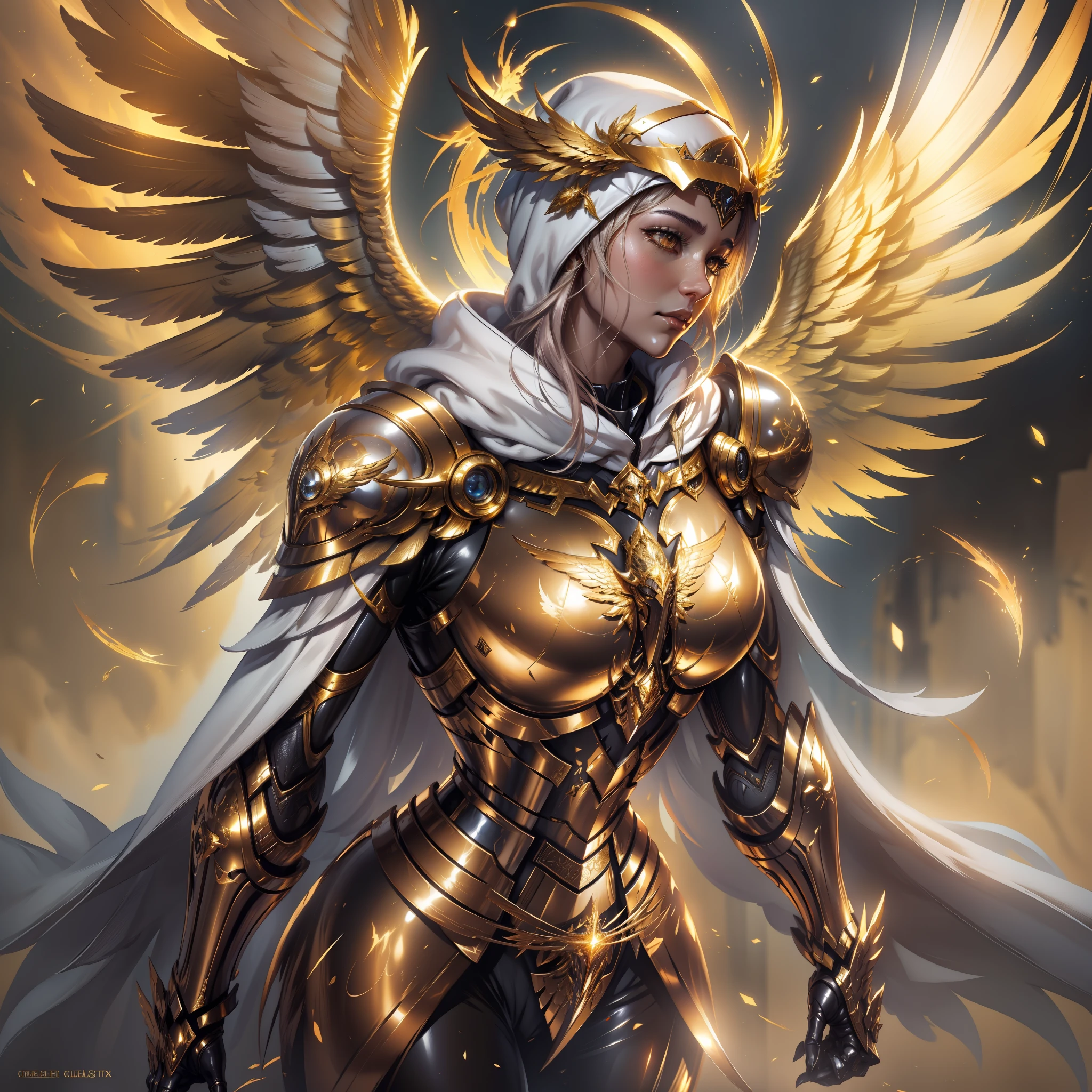 Golden armored angel, wings made of energy, metal halo, no face, hooded, gold, fantasy, concept art, ultra realistic, character art by greg rutkowski