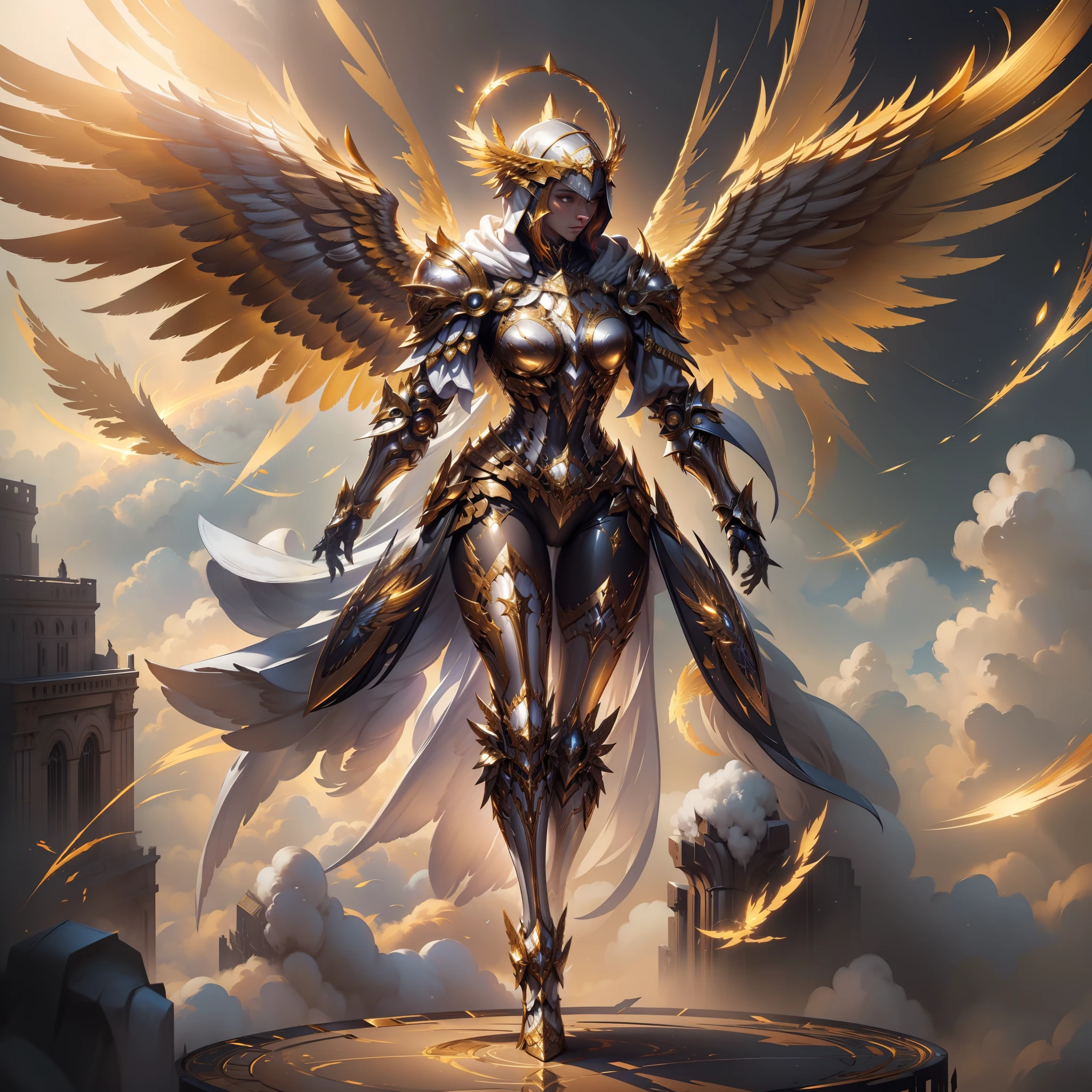 Golden armored angel, wings made of energy, metal halo, no face, hooded, gold, fantasy, concept art, ultra realistic, character art by greg rutkowski