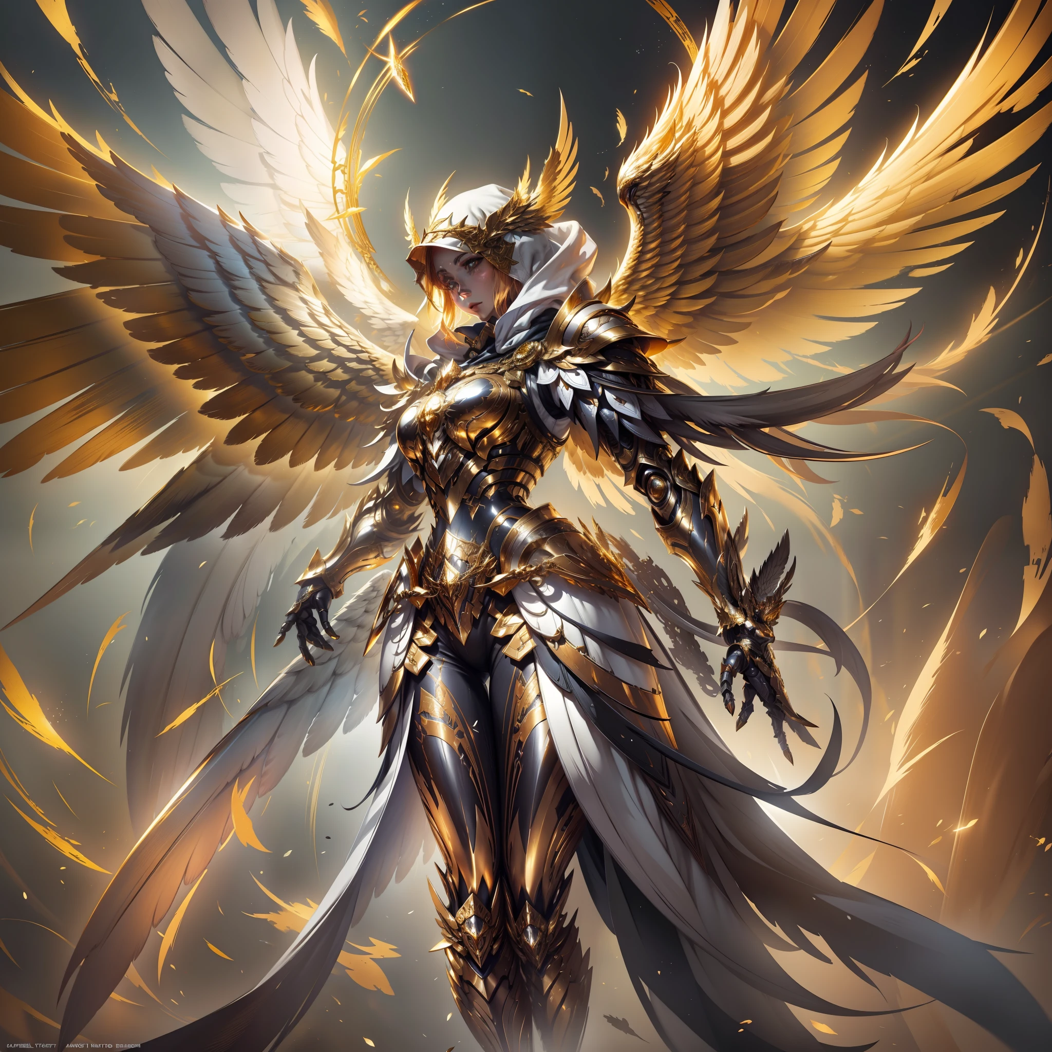 Golden armored angel, wings made of energy, metal halo, no face, hooded, gold, fantasy, concept art, ultra realistic, character art by greg rutkowski