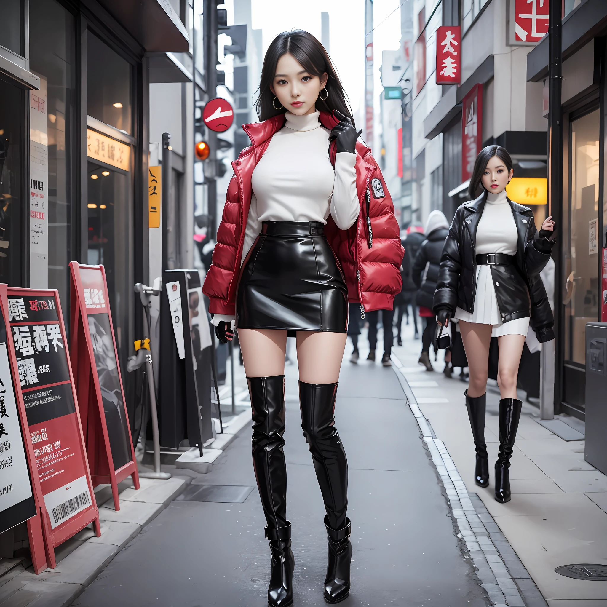 A woman in a white top and black boots standing on the street, Chinese female fashion model, white fluffy clothes, short skirt and long jacket, Japanese city street fashion, black pink Rosan Park, she wears streetwear, Japanese street fashion, Tokyo fashion, street dress woman in jacket and skirt, street fashion, Harajuku street fashion, beautiful woman walking in the wind, black gloves, over-the-knee red boots, tall, long legs, perfect body proportions, thin waist, black suspender stockings, tall, Slender body, nine-headed body, big eyes, beautiful and exquisite face, perfect body details, perfect body proportions, perfect visual proportions, fashion shooting, glamorous, feminine, delicate, highlighting female curves, subtext: sexy, confident. Chinese girl --auto --s2