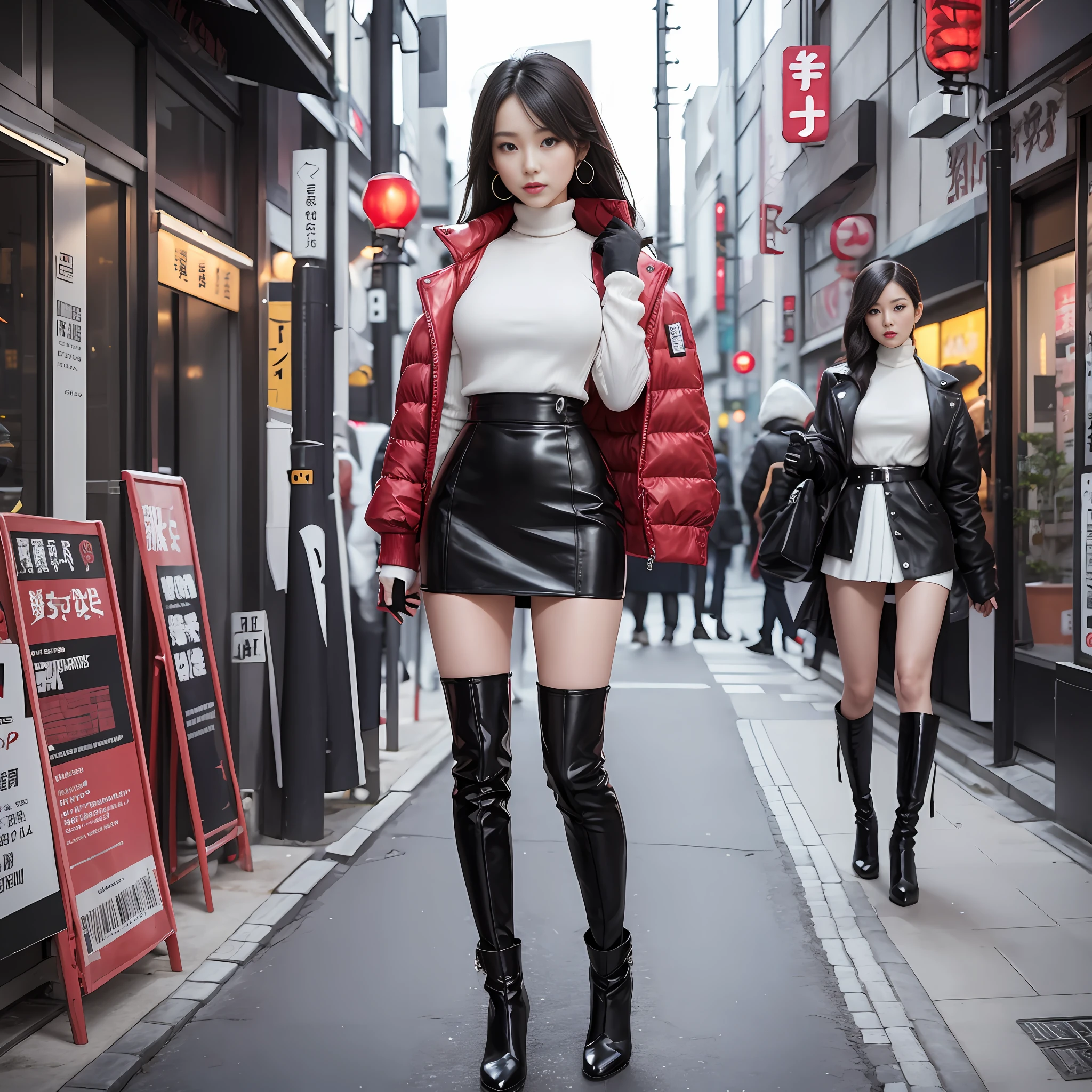 A woman in a white top and black boots standing on the street, Chinese female fashion model, white fluffy clothes, short skirt and long jacket, Japanese city street fashion, black pink Rosan Park, she wears streetwear, Japanese street fashion, Tokyo fashion, street dress woman in jacket and skirt, street fashion, Harajuku street fashion, beautiful woman walking in the wind, black gloves, over-the-knee red boots, tall, long legs, perfect body proportions, thin waist, black suspender stockings, tall, Slender body, nine-headed body, big eyes, beautiful and exquisite face, perfect body details, perfect body proportions, perfect visual proportions, fashion shooting, glamorous, feminine, delicate, highlighting female curves, subtext: sexy, confident. Chinese girl --auto --s2