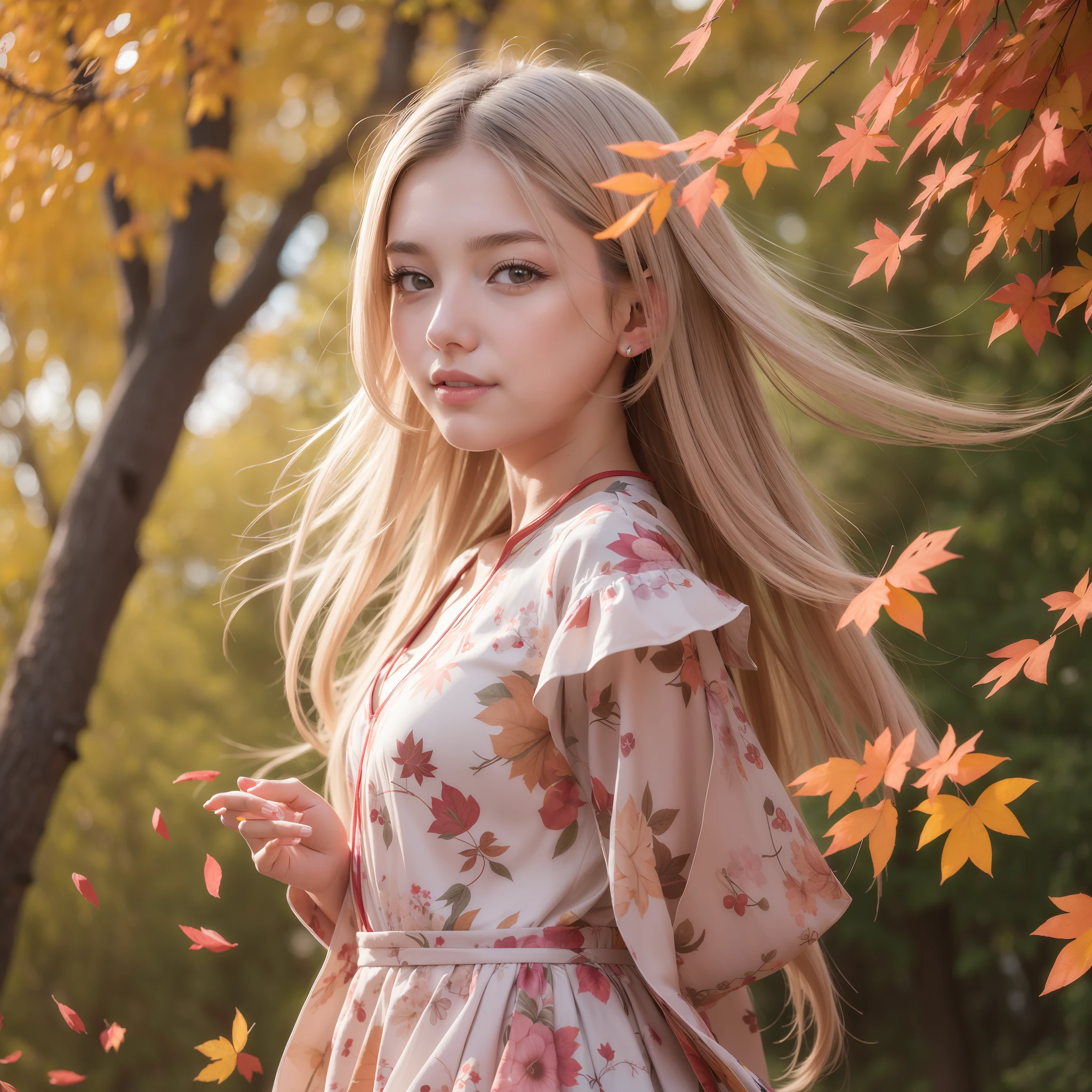 (Breeze: 1.2), Sun, Falling Leaves, (Leaves in the Wind: 1.1), Colorful Petals Dancing, A Girl, Looking Directly at the Camera, Blush Slightly Up, Lips Light, Soft Light Filter, kofs_style,