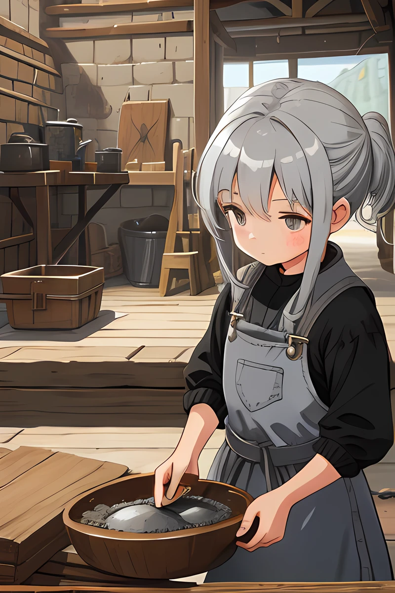 Grey hair, blacksmith, one little girl