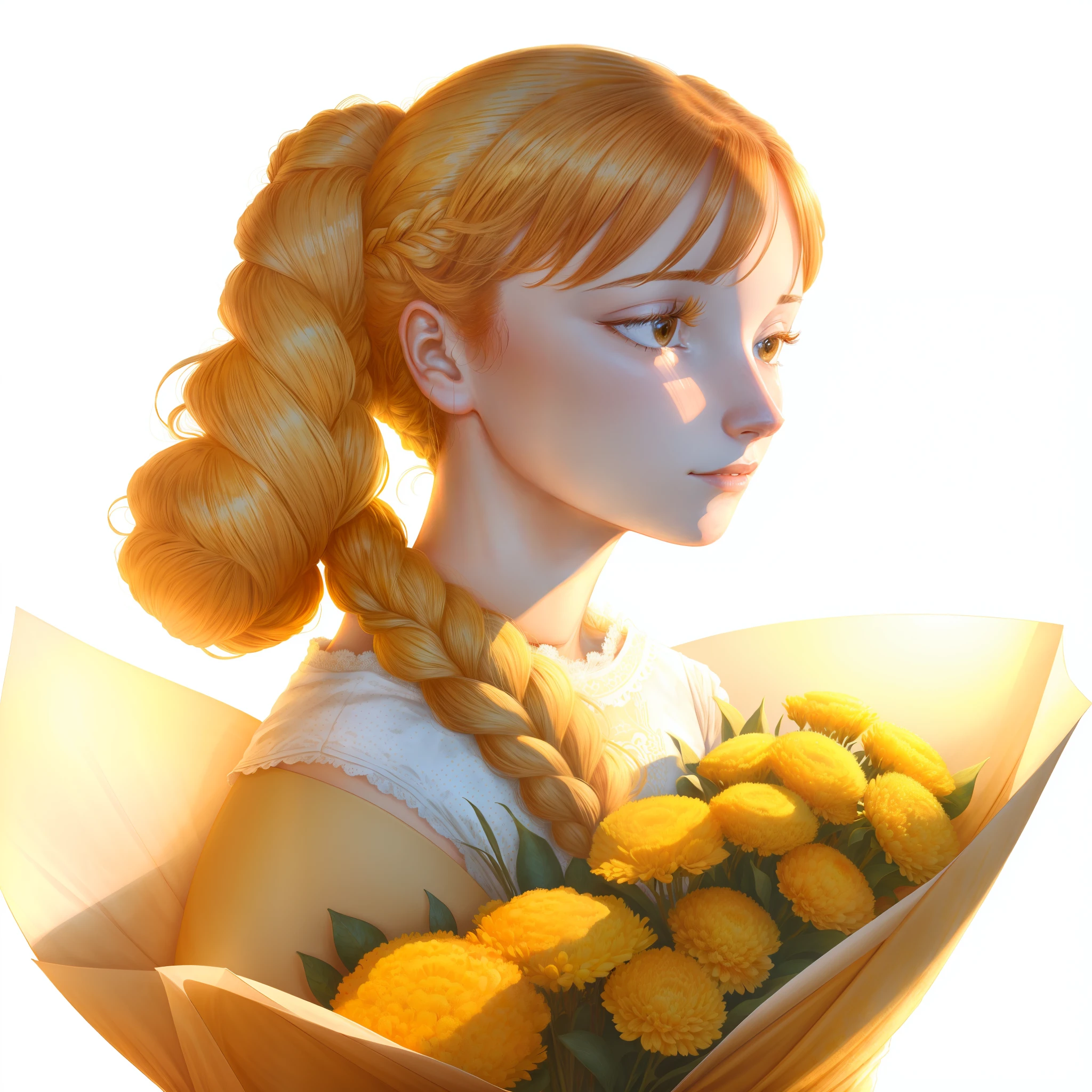 white background, simple background, bouquet, 1girl, flower, solo, upper body, holding bouquet, tareme, backlighting, blush, expressionless, holding, yellow flower, braid, orange flower, blonde hair, ponytail, cropped torso, pale color, dot nose, closed mouth, shirt, bangs, looking at viewer, looking afar, long sleeves, sidelocks, sidelighting, looking away, long hair, light particles