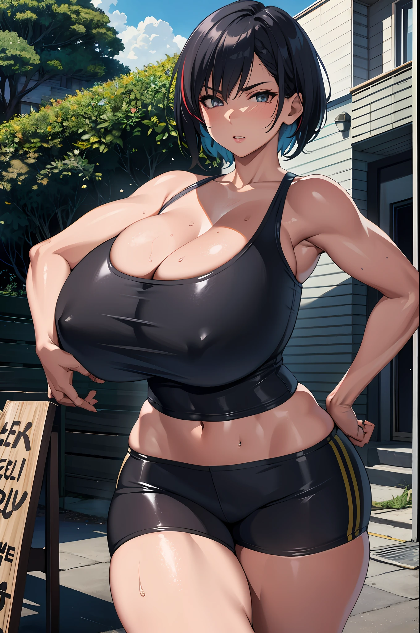 (masterpiece:1.1), best quality, highest quality, perfect anatomy, highres, ultra-detailed, 8k wallpaper, texture, detail, unique, HDR, (extremely detailed CG:1.1), elaborate features, professional photo, beautiful detailed eyes, ray tracing, hentai, perfect face, octane render, realism, innovative,
1girl, close to viewer, sharp focus, hard focus, clearly,
streaked hair, asymmetric hair, (pixie hair cut:1.1),
mature female, chiseled face,
satisfied,
(bike shorts:1.1), (tube top:1.1),
gigantic tits, light blush, sweaty, shiny skin, deep skin, vibrant colors, steam, lustrous skin, slightly lips,
outdoors, after workout, overflowing bra