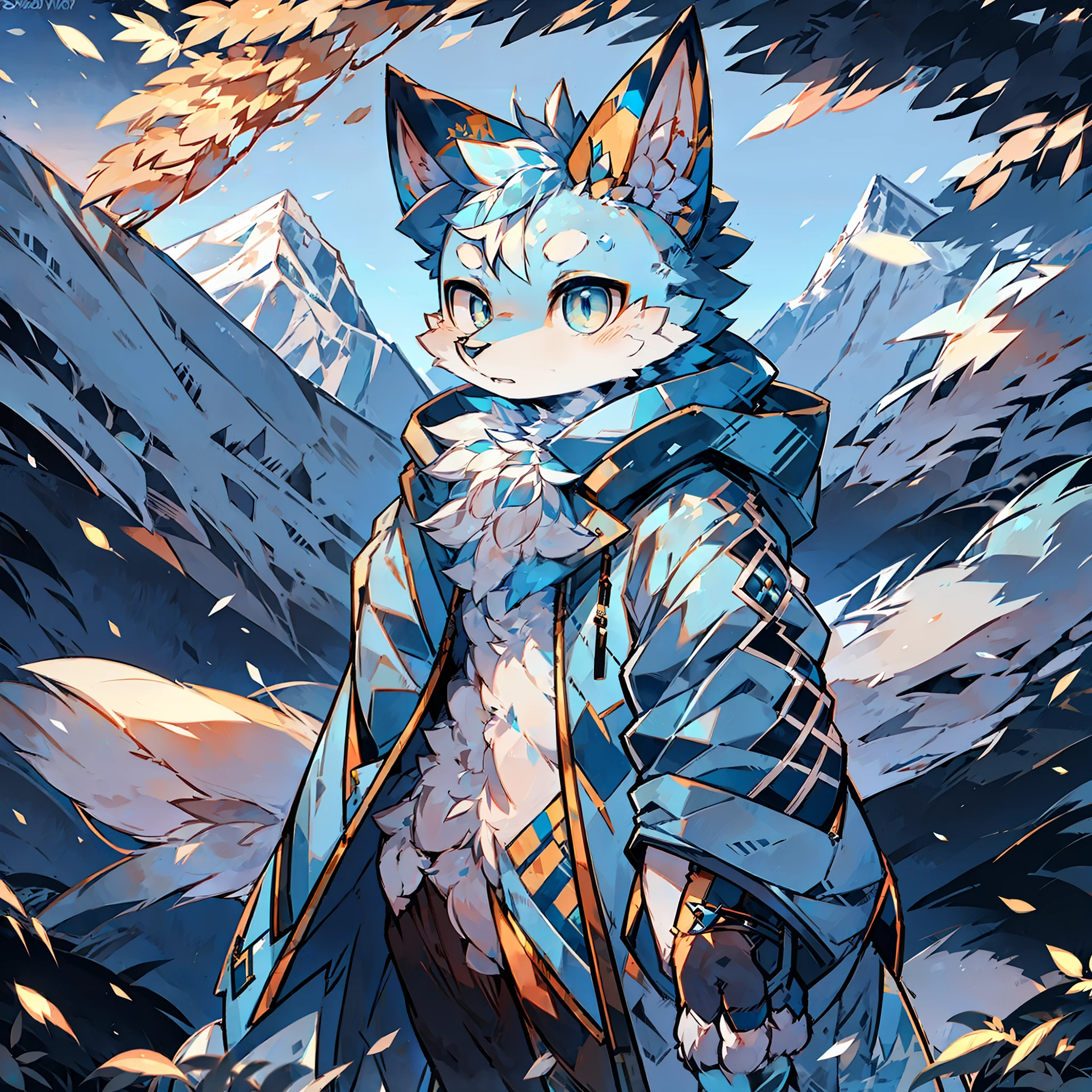 furry male blue white flower fox bright pupils standing wearing blue cotton jacket snowy mountain sunset