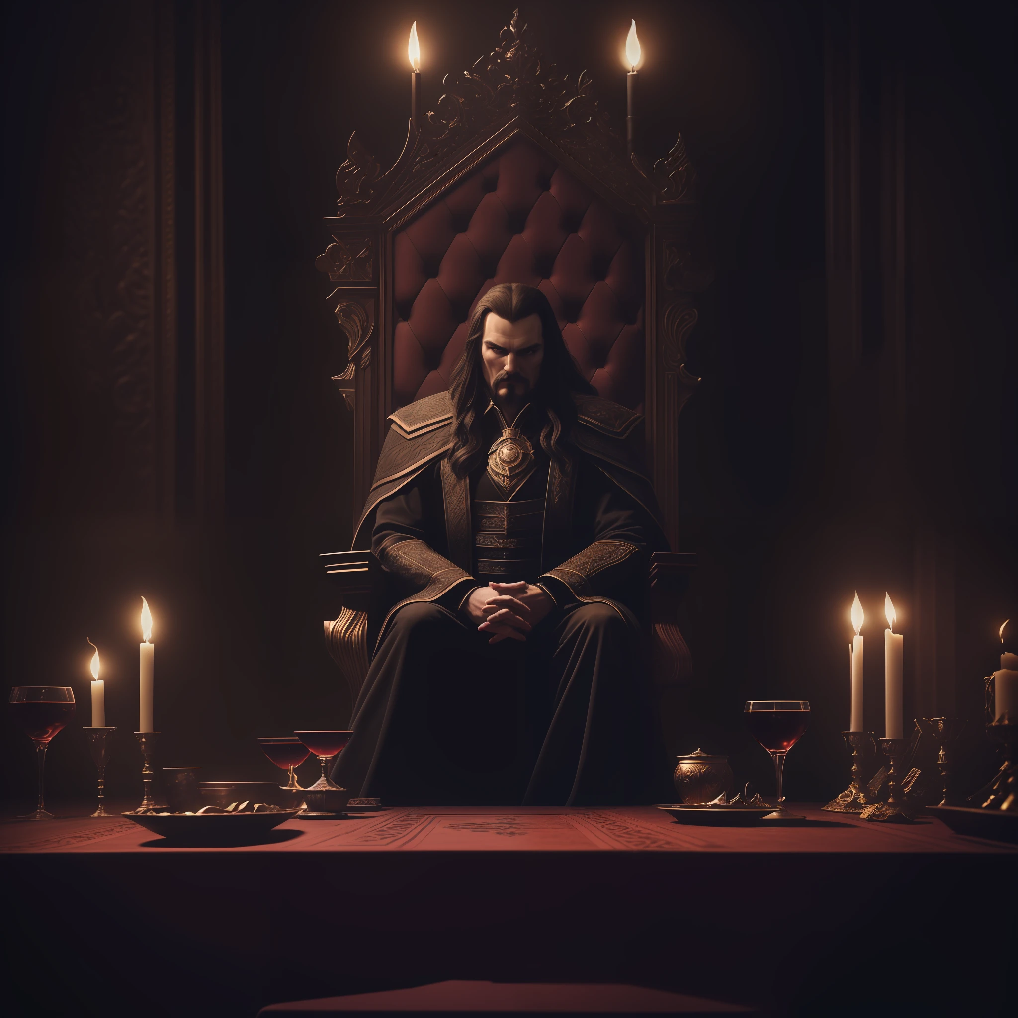 The highest quality, masterpiece, photorealistic, medium shot, RAW photo, front camera angle, front camera of (vlad steps, sitting on his throne, with a table next to him, on top of the table a glass of wine, torches illuminating the room behind, giving the scene a dark atmosphere, but sculpting the shapes in crisp chiaroscuro), is night, (highly detailed skin), skin texture, (detailed face), detailed background, sharp focus, dark lighting, twilight lighting, volumetric lighting, highly detailed, complex details, 8k, highly detailed, UHD, HDR