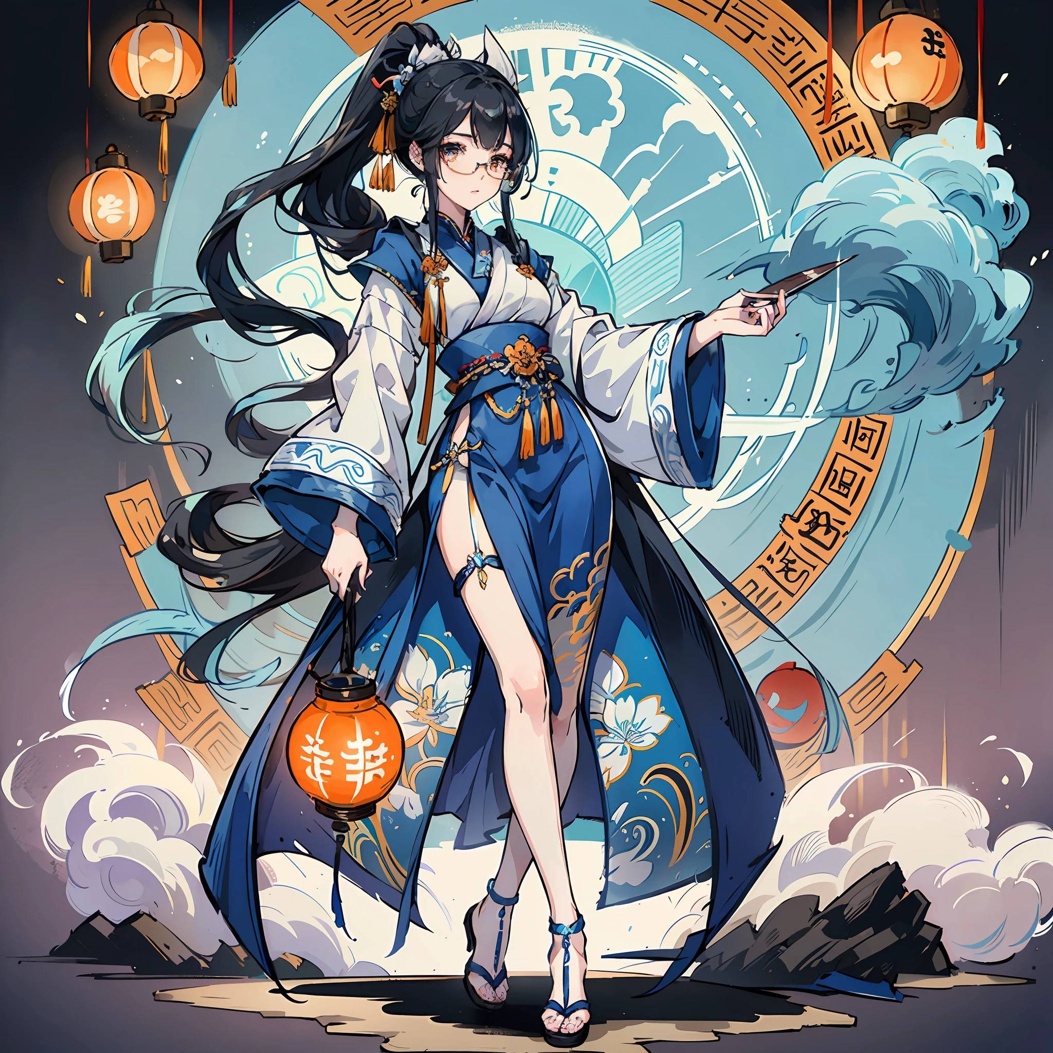 Ice Magician. Girl with long dark blue hair. In her hair is a hairpin.Her hair is gathered into a long ponytail, which is secured with a blue hairpin. The girl is dressed in Chinese style.Her clothes are white and blue with black embellishments.Her clothes have a hood with wool
Her outfit is decorated with white tassels.
She wears semi-circular glasses.
On her feet are black sandals and stockings.
She holds a scroll with Chinese symbols in one hand and an orange Chinese lantern in the other. The symbols from the scroll glow --auto --s2
