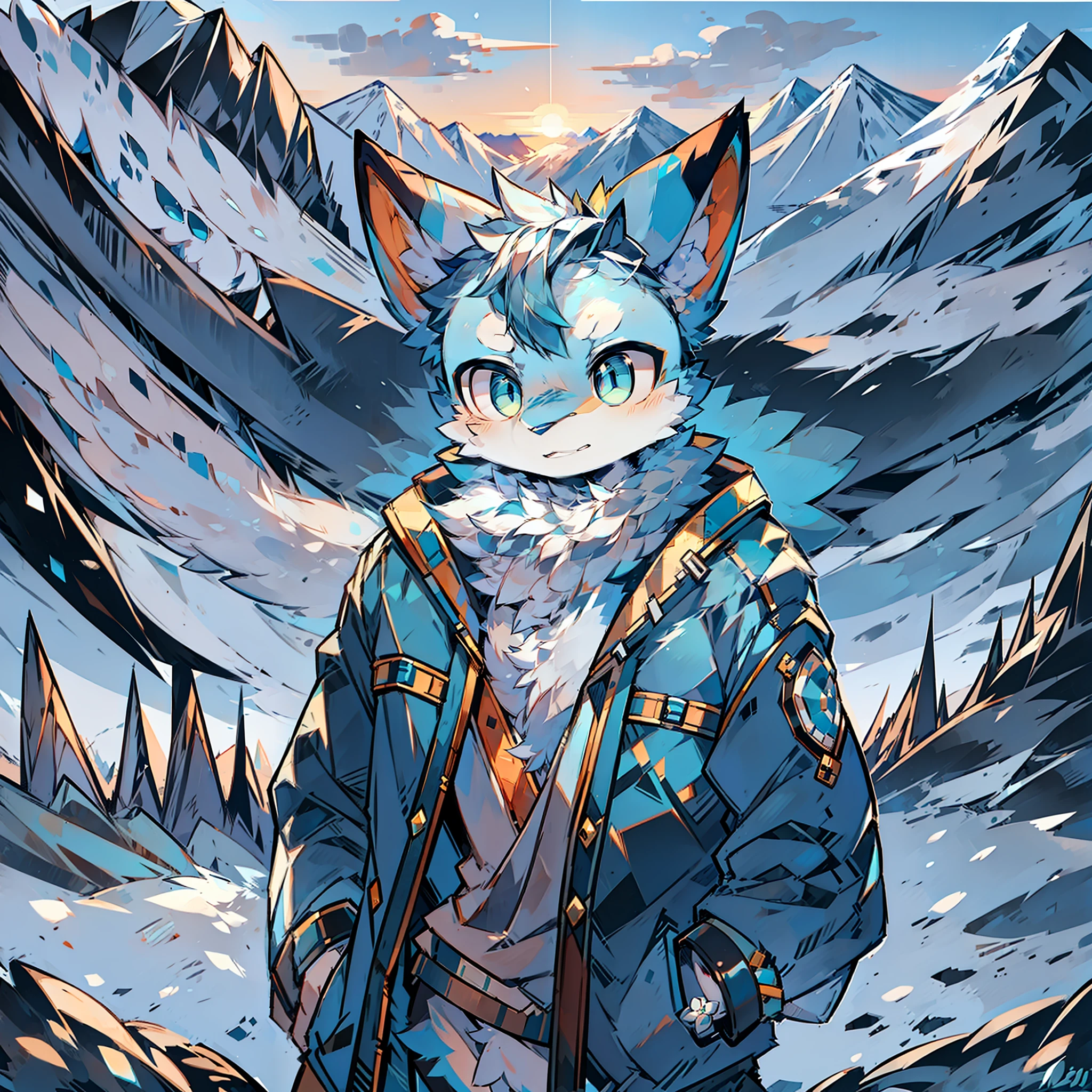 furry male blue white flower fox bright pupils standing wearing blue cotton jacket snowy mountain sunset