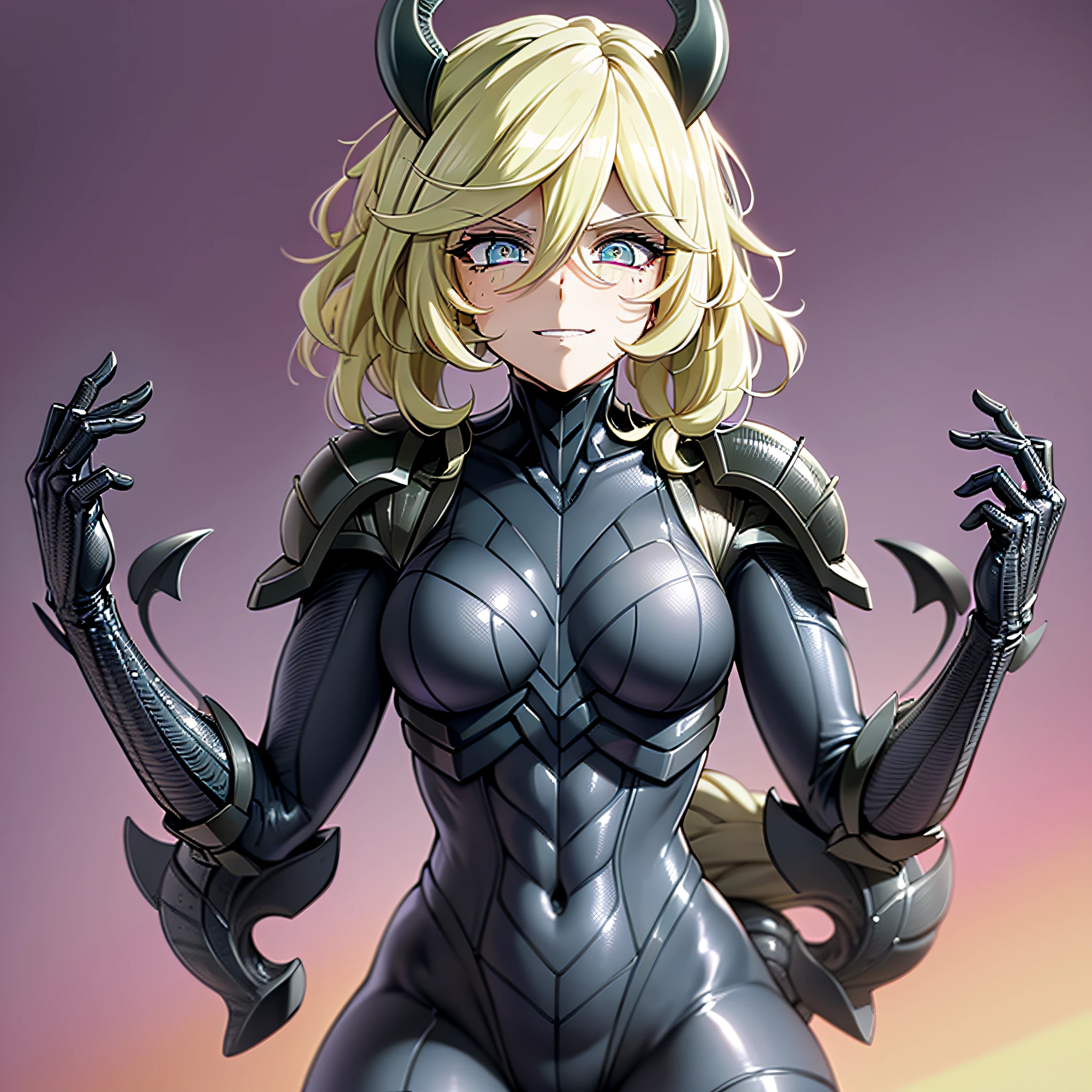 (High resolution, masterpiece, top quality, highly detailed CG, anime, official art: 1.4), ahe face, blonde hair, photos, amazing fine details, all intricate, shiny and shiny, wonderful many layers, 8k wallpaper, 3D, sketch, illustration, (solo: 1.4), transformation, corruption, (fusion of xenomorph and lady), (xenomorph form lady), (xenomorph female), (xenomorph body fused), (xenomorph body), (fusion)), (xenomorph female form) (solo: 1.4), (evil smile: 1.2), (xenomorph black exoskeleton biosuit: 1.4), (xenomorph black exoskeleton bio-armor: 1.2), xenomorph cosplay, black skin, xenomorph tail