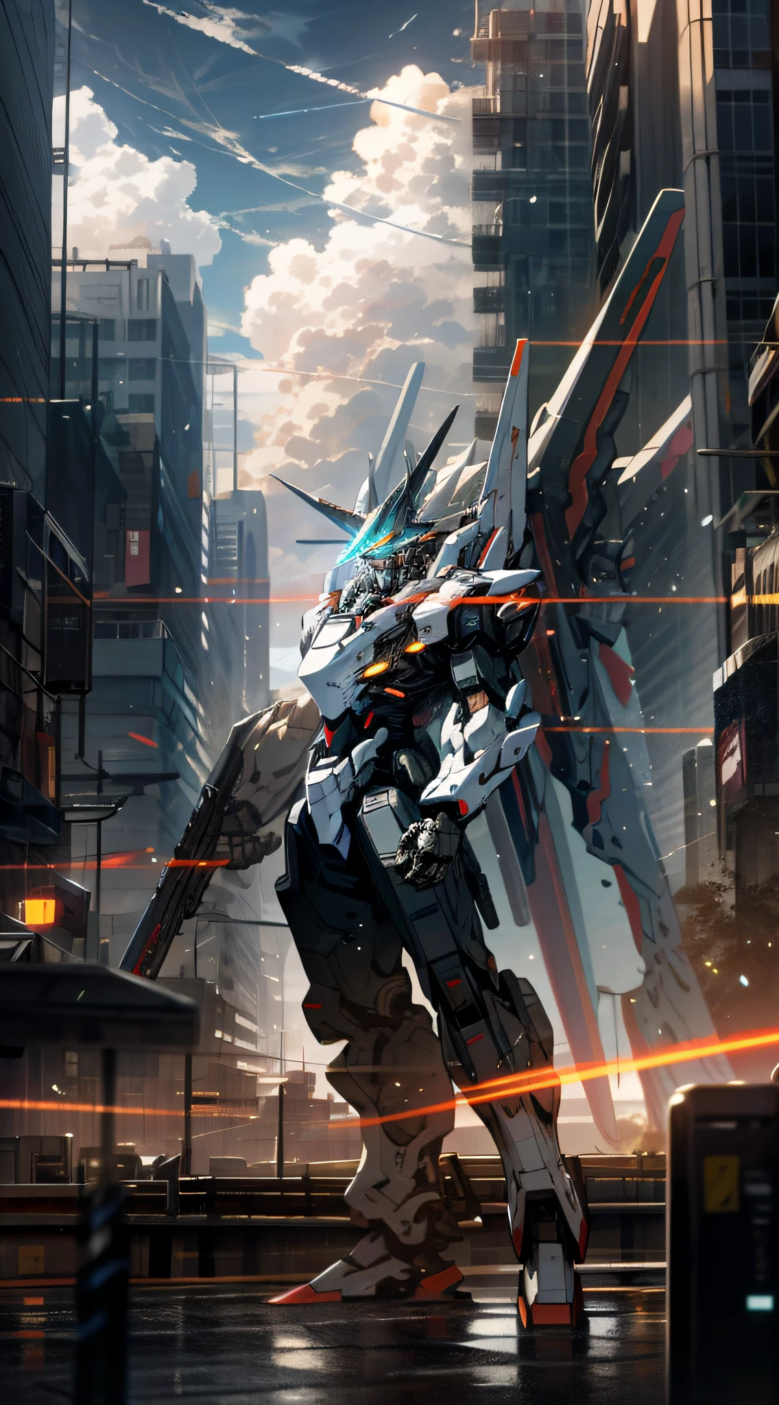Sky, Clouds, holding_weapon, no_humans, Glow, Sci-Fi, Mecha, City, Reality --v6