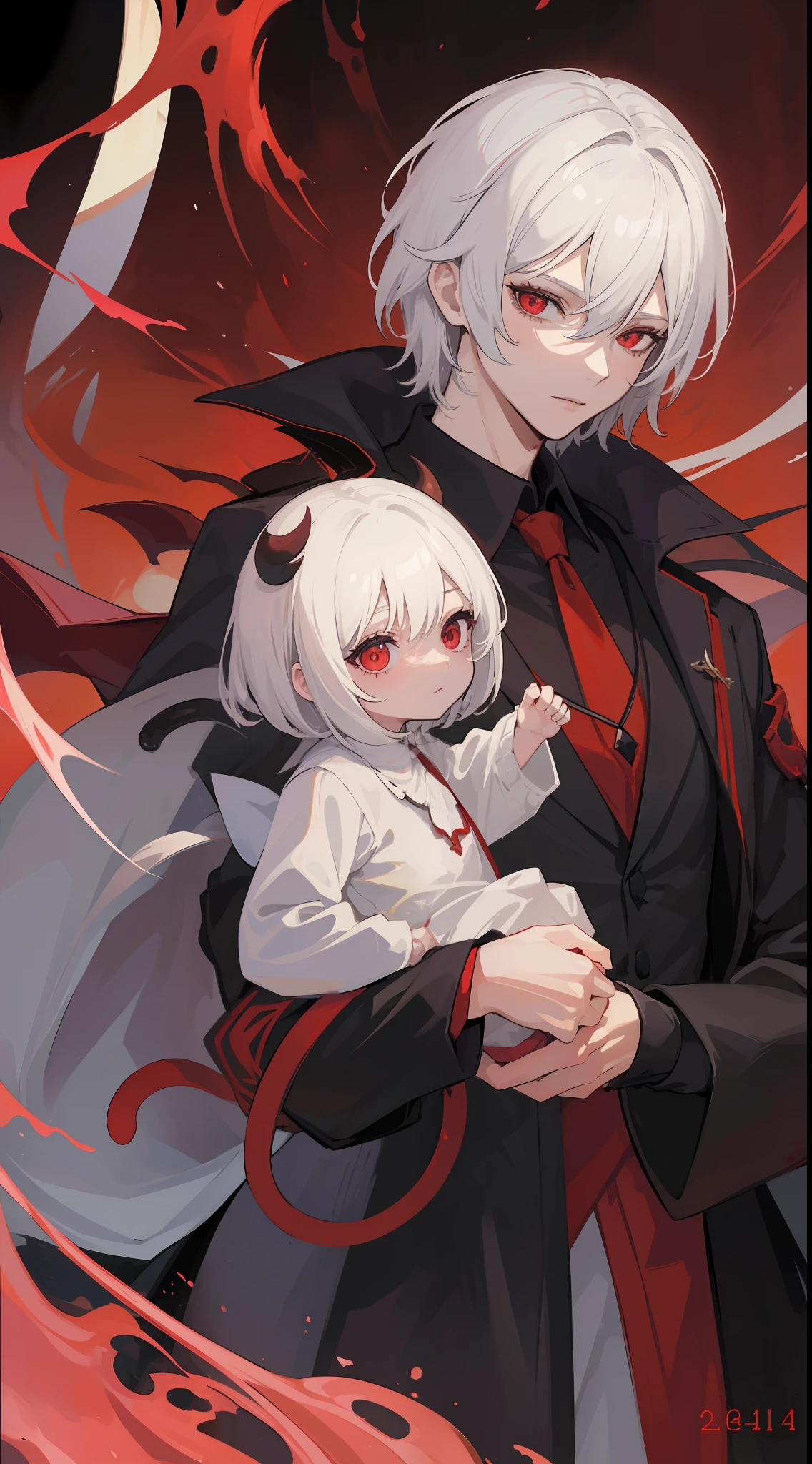 1man, sharp red eyes with cat pupils, white short hair and he was wearing the demon lord robes and holding his daughter ((41 year old face))