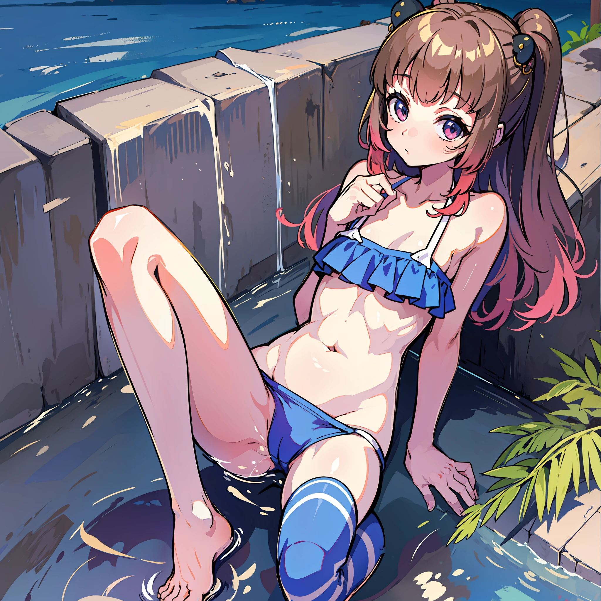 , bikini, barefoot, pornographic, flat chest, urinary incontinence, urine