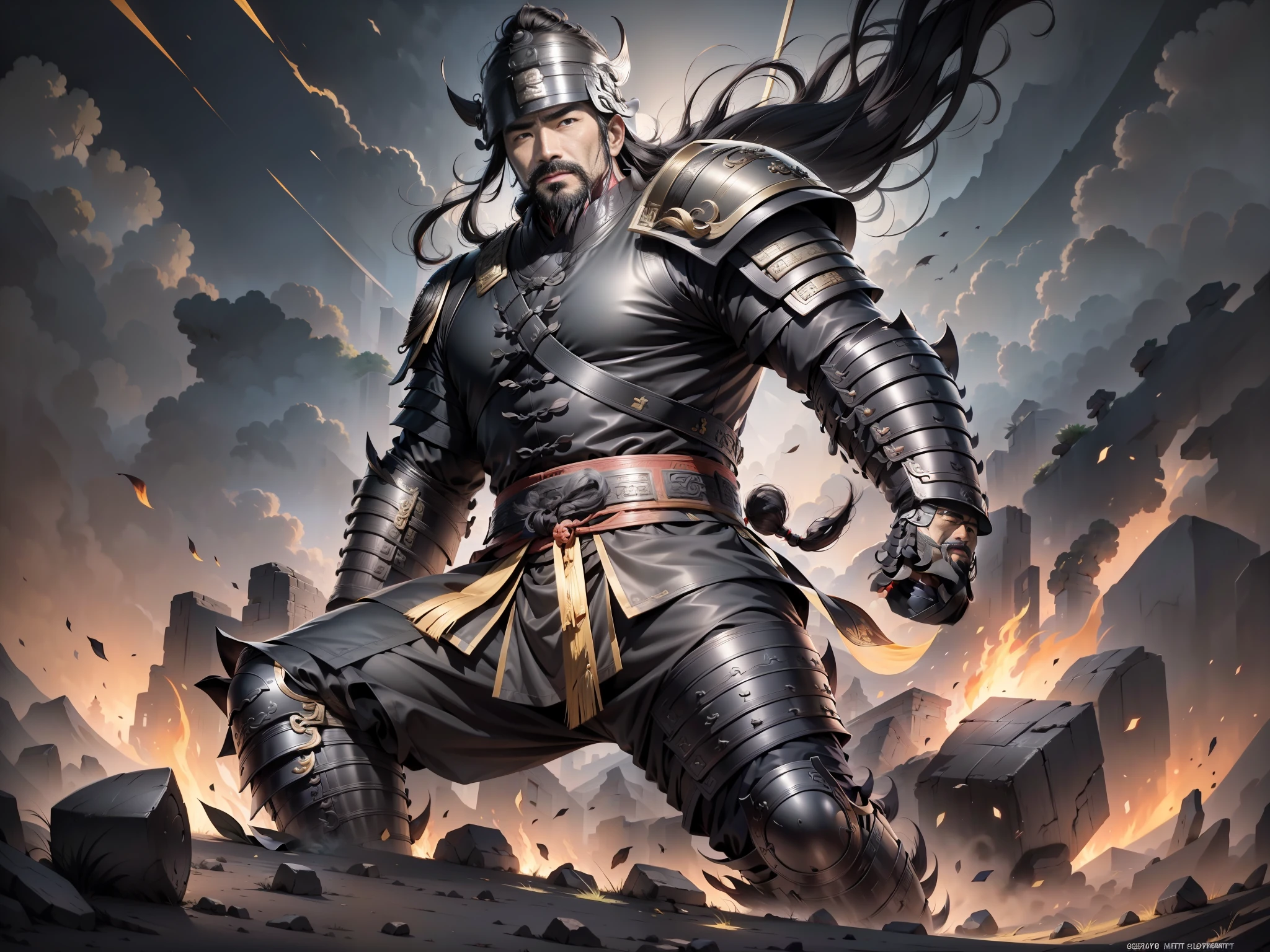 Ultra HD, ultimate masterpiece, high detail depiction, best picture quality, 8k, 2D anime style, Chinese Han Dynasty, a man, ancient Chinese general Dian Wei, mature man, 30 years old, super detailed face, round face, black eyes, beard, resolute eyes