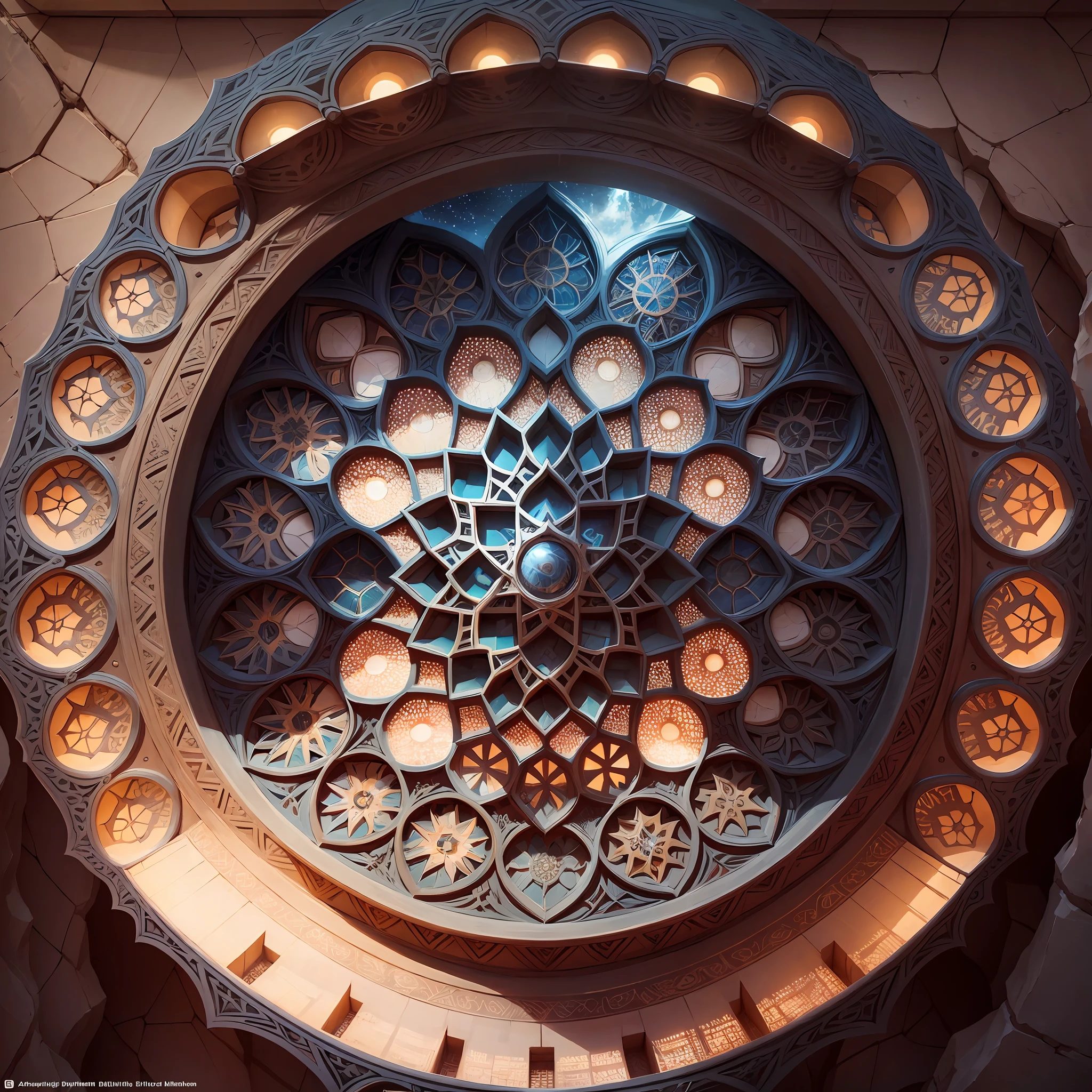 Futuristic Islamic architecture design of cave architecture concept art on desert oasis, islamic architecture, proportional,detailed, cave architecture nature meets futuristic architecture by Toyo Ito ,residential area, futuristic development, high rise balconies, full of rock and glass facades, residential spaces carved from cliff side ,trending on artstation, beautiful lighting,In the style of Arabic calligraphy masterpiece, fantasy, intricate, award winning, 4k, highest quality render --auto --s2